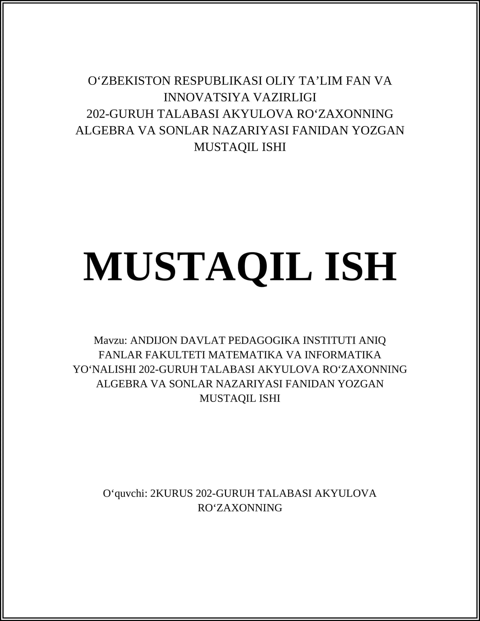 SONLAR NAZARIYASI MUSTAQIL ISHI