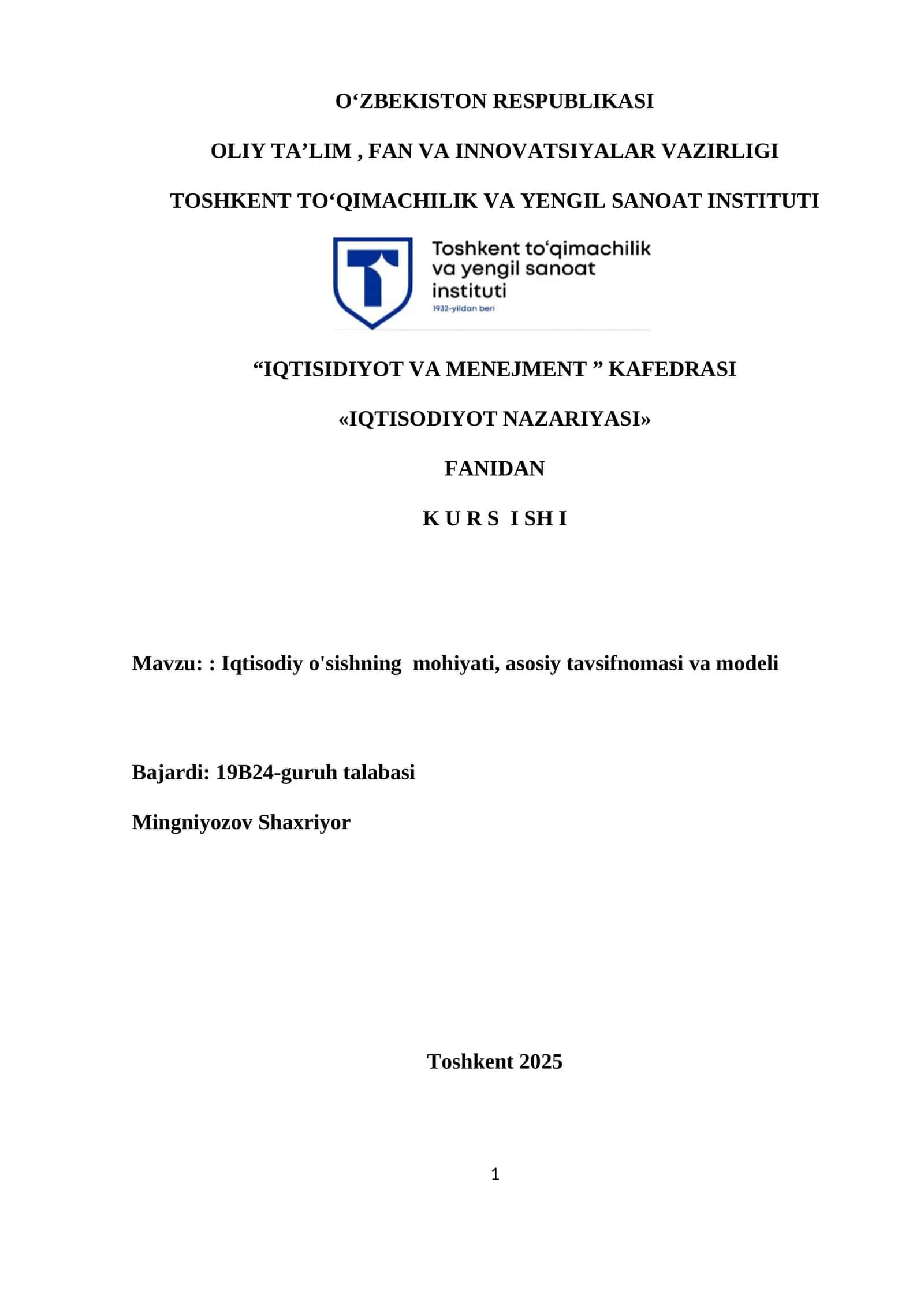 IQTISODIYOT NAZARIYASI FANDAN KURS ISHI