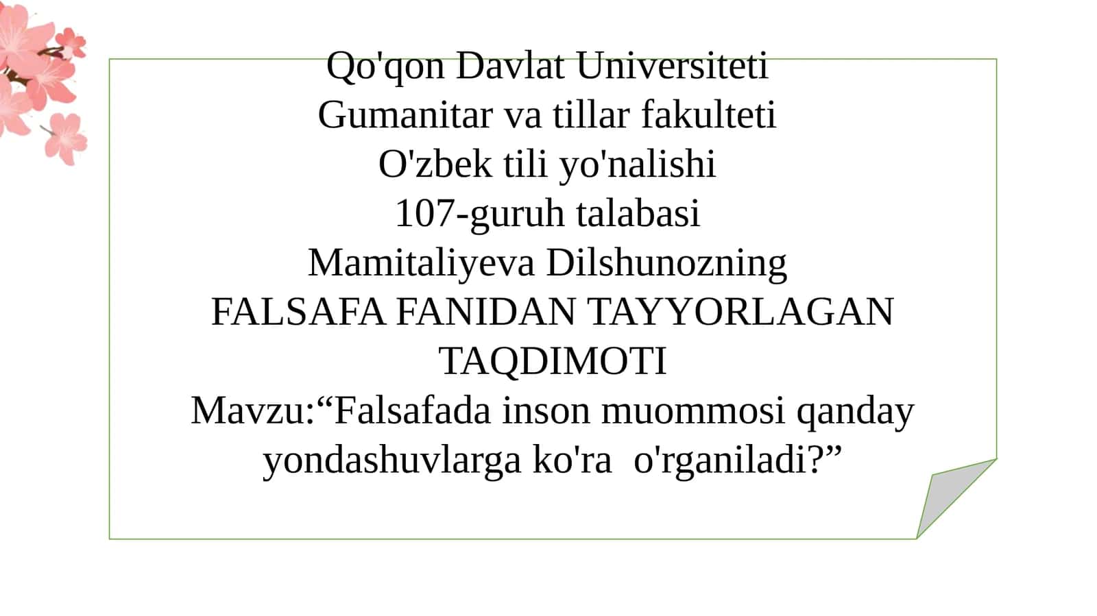 FALSAFA FANIDAN TAYYORLAGAN TAQDIMOTI