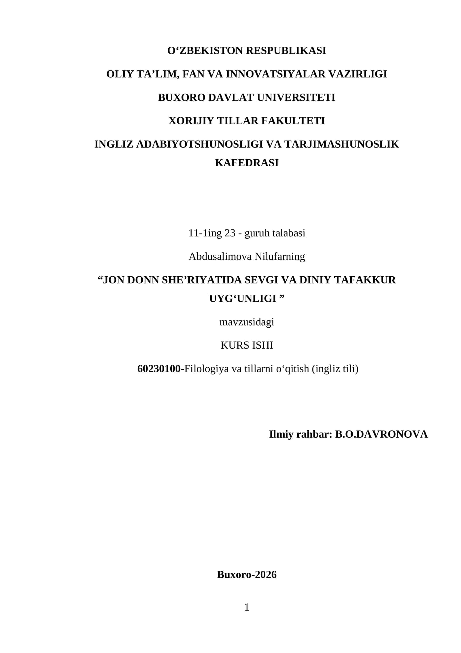 JON DONN SHE’RIYATIDA SEVGI VA DINIY TAFAKKUR UYG‘UNLIGI