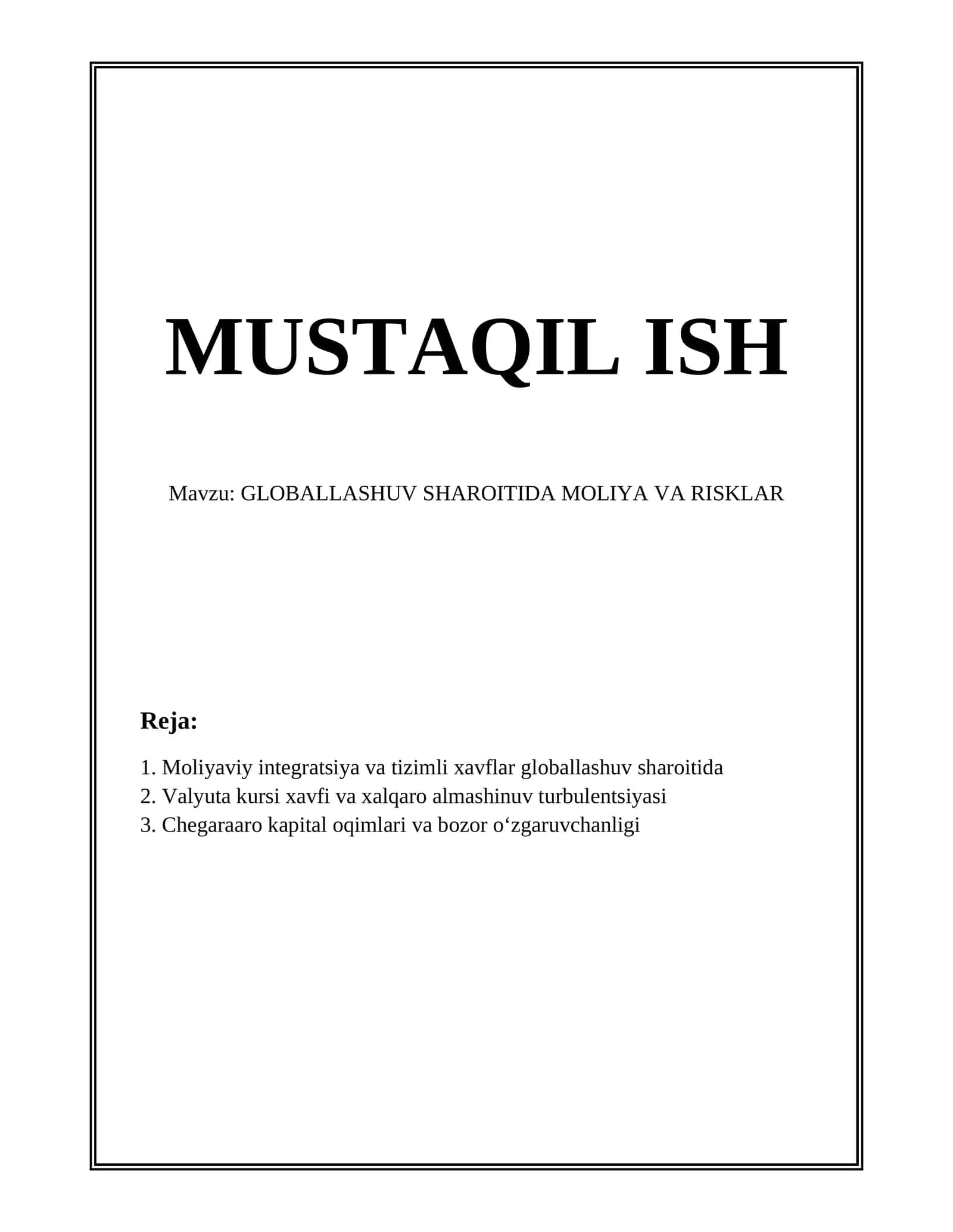 GLOBALLASHUV SHAROITIDA MOLIYA VA RISKLAR