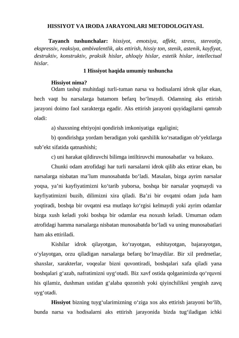 HISSIYOT VA IRODA JARAYONLARI METODOLOGIYASI