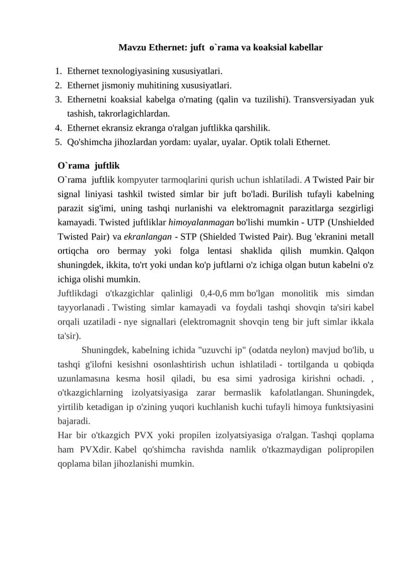 Ethernet: juft o`rama va koaksial kabellar
