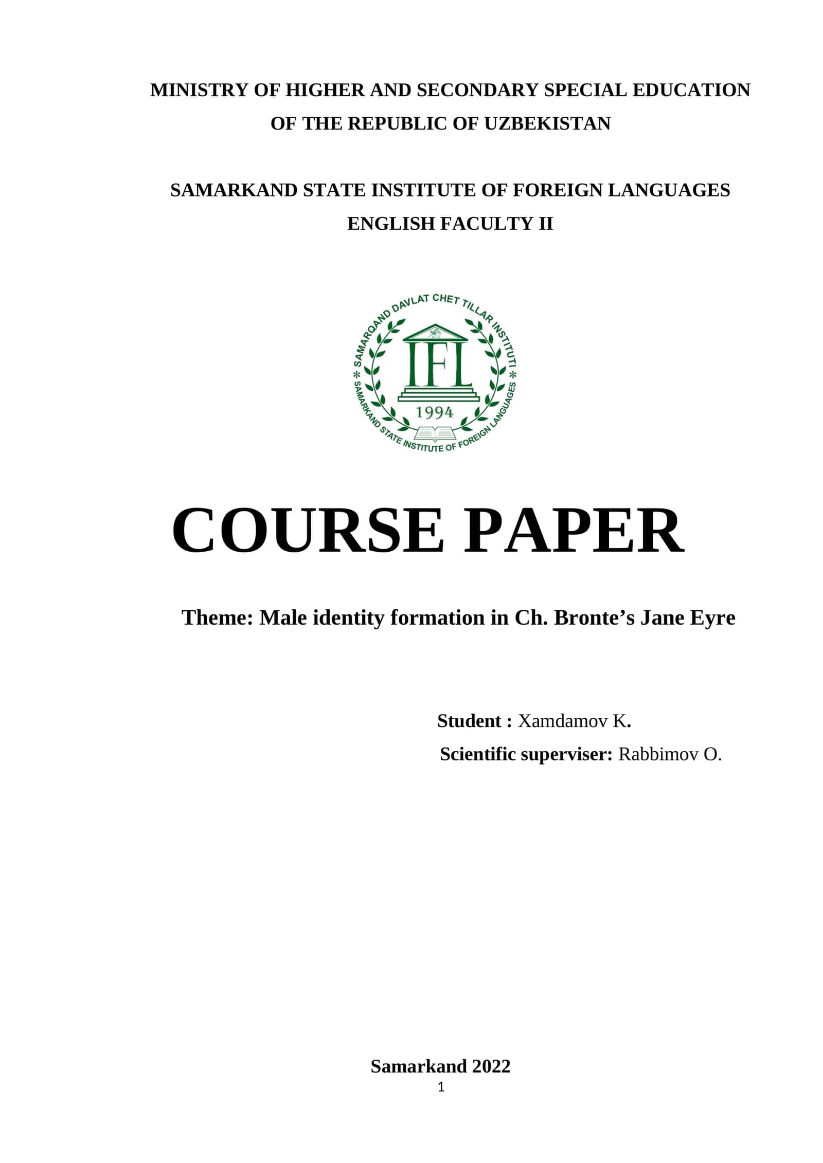 Course Paper on Male Identity Formation in Jane Eyre