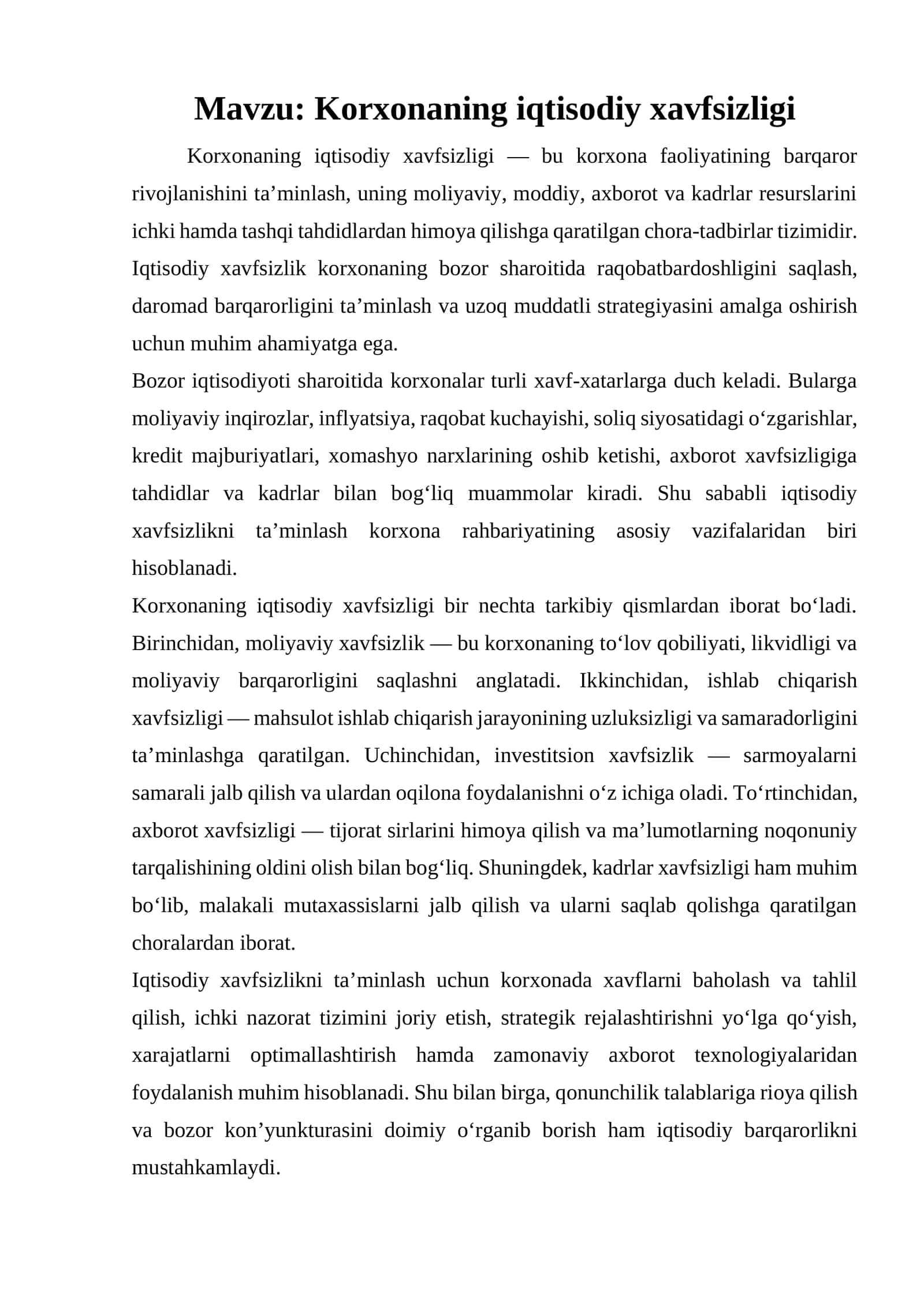 Korxonaning iqtisodiy xavfsizligi