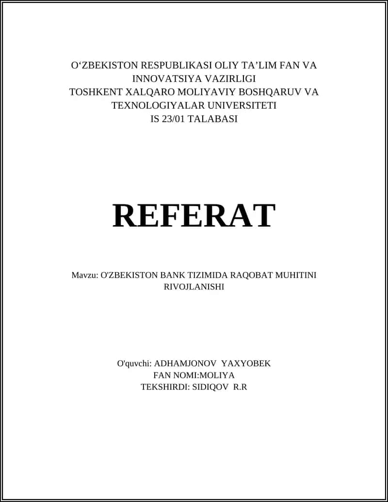 O'ZBEKISTON BANK TIZIMIDA RAQOBAT MUHITINI RIVOJLANISHI