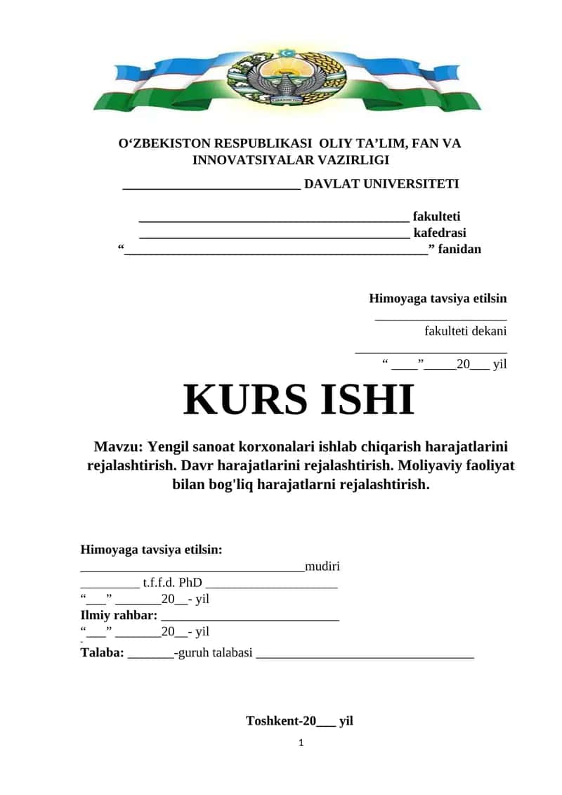 Yengil sanoat korxonalari ishlab chiqarish harajatlarini rejalashtirish. Davr harajatlarini rejalashtirish. Moliyaviy faoliyat bilan bog'liq harajatlarni rejalashtirish