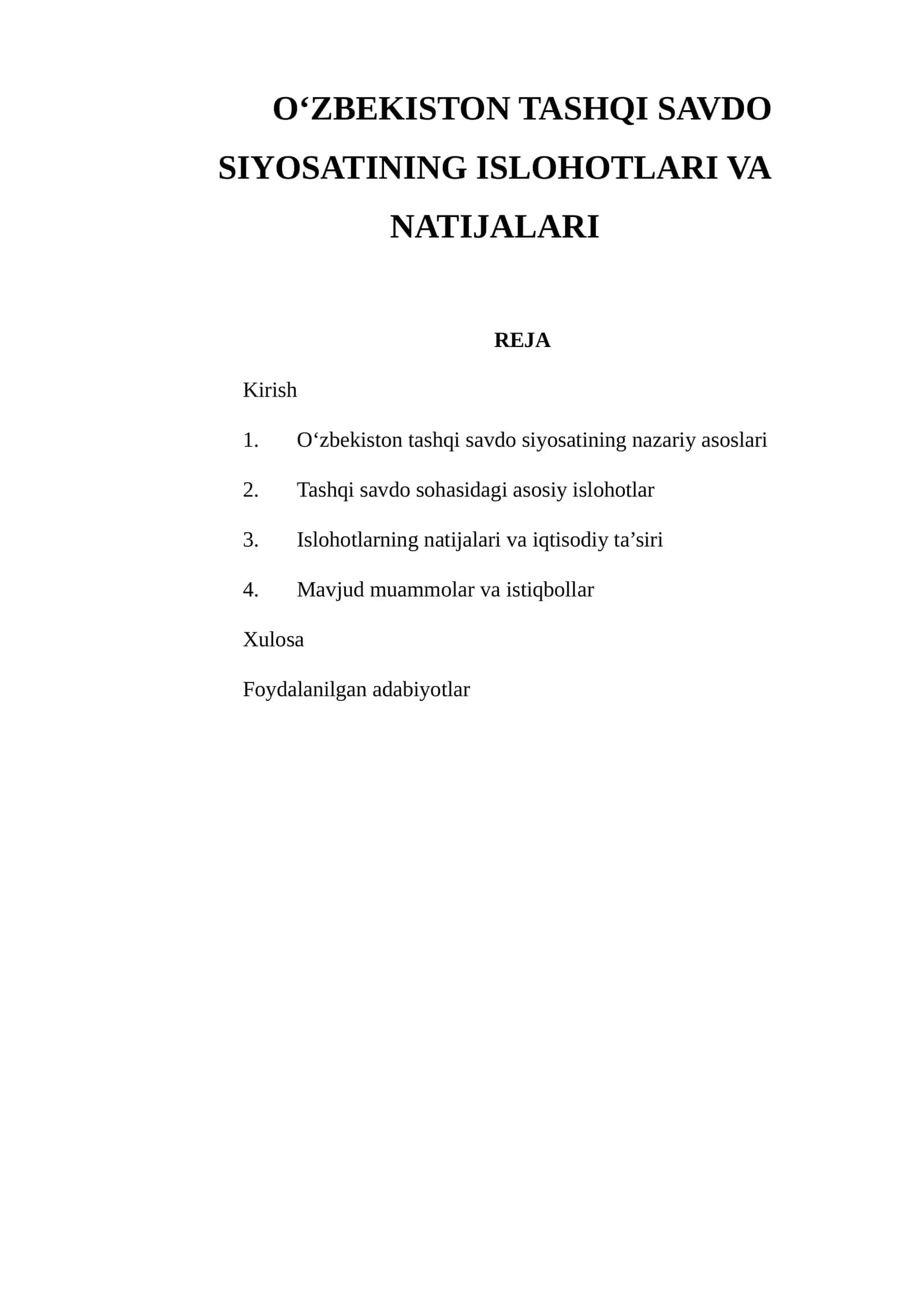 O‘zbekiston Tashqi Savdo Siyosatining Islohotlari va Natijalari