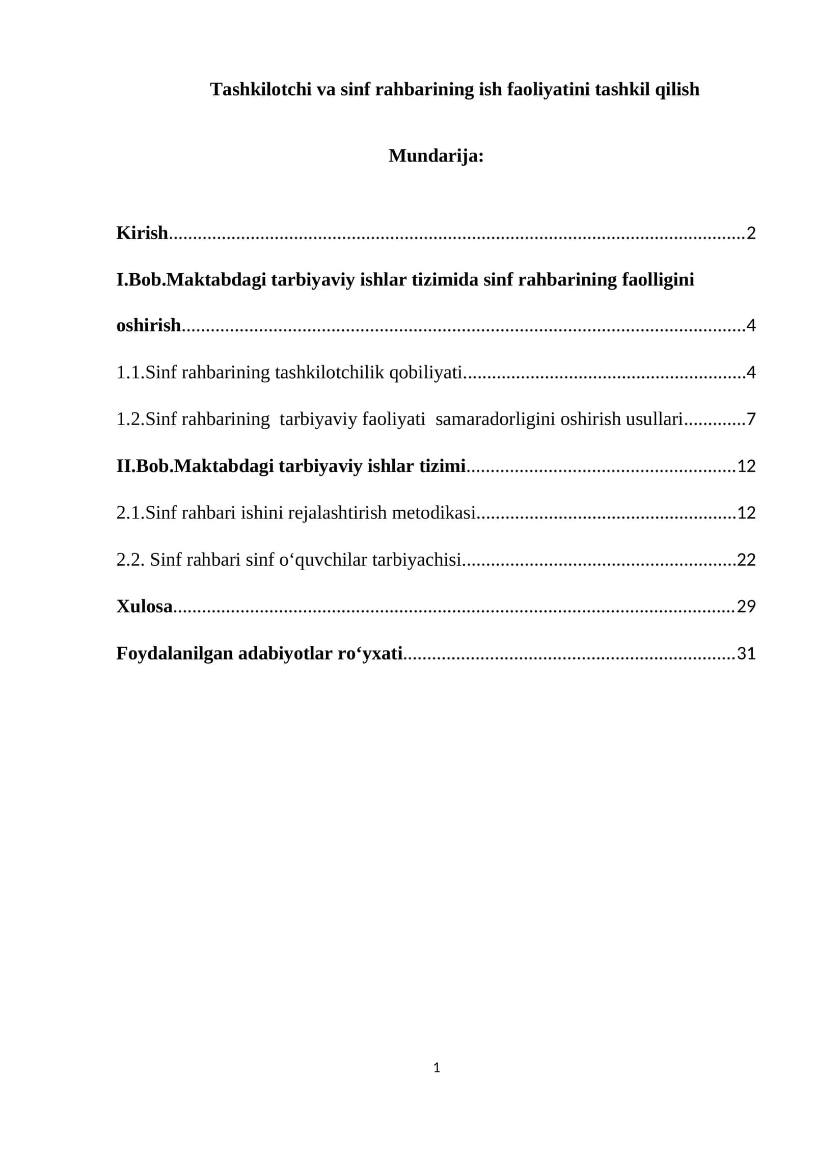 Tashkilotchi va sinf rahbarining ish faoliyatini tashkil qilish