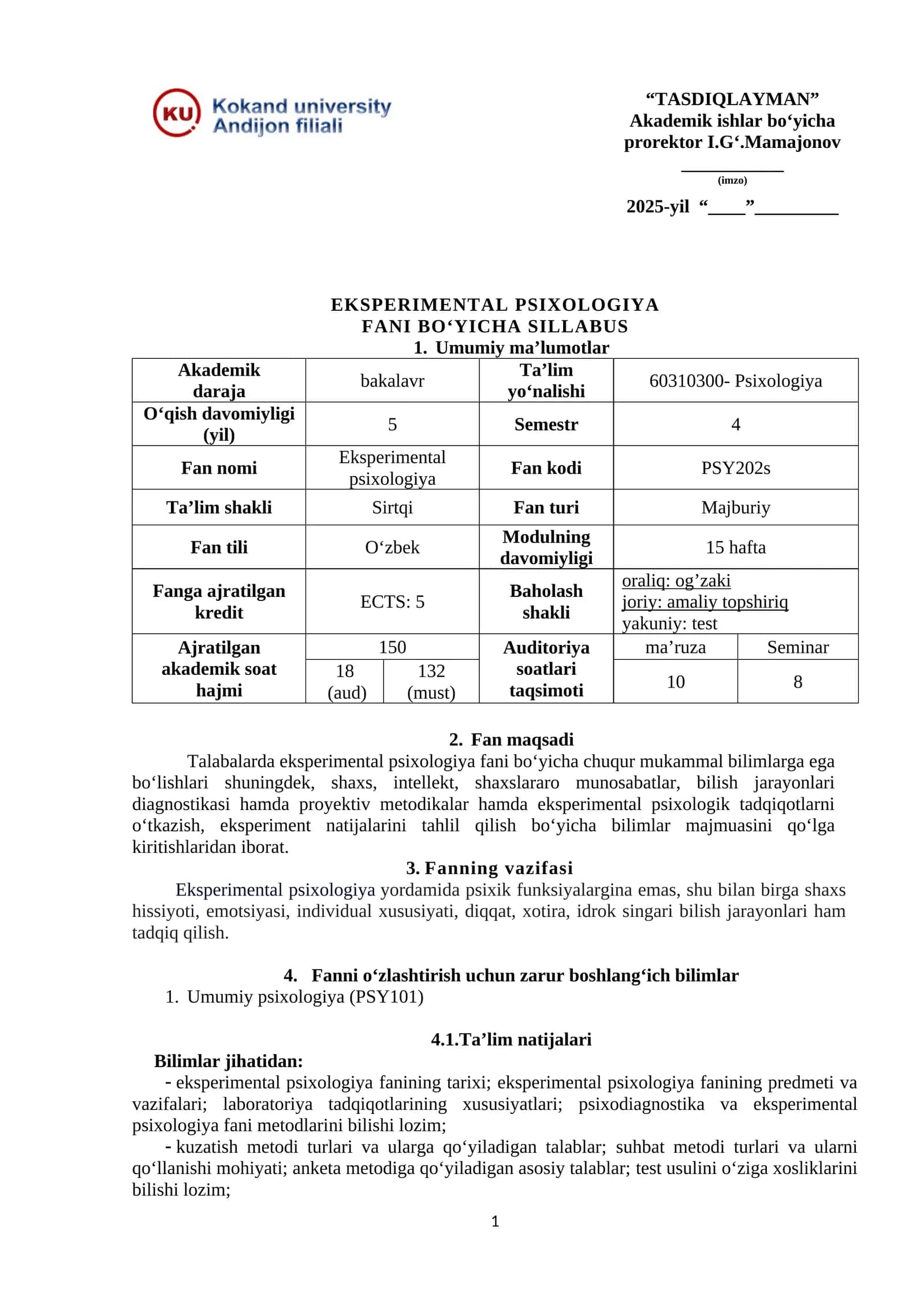 EKSPERIMENTAL PSIXOLOGIYA FANI BO‘YICHA SILLABUS