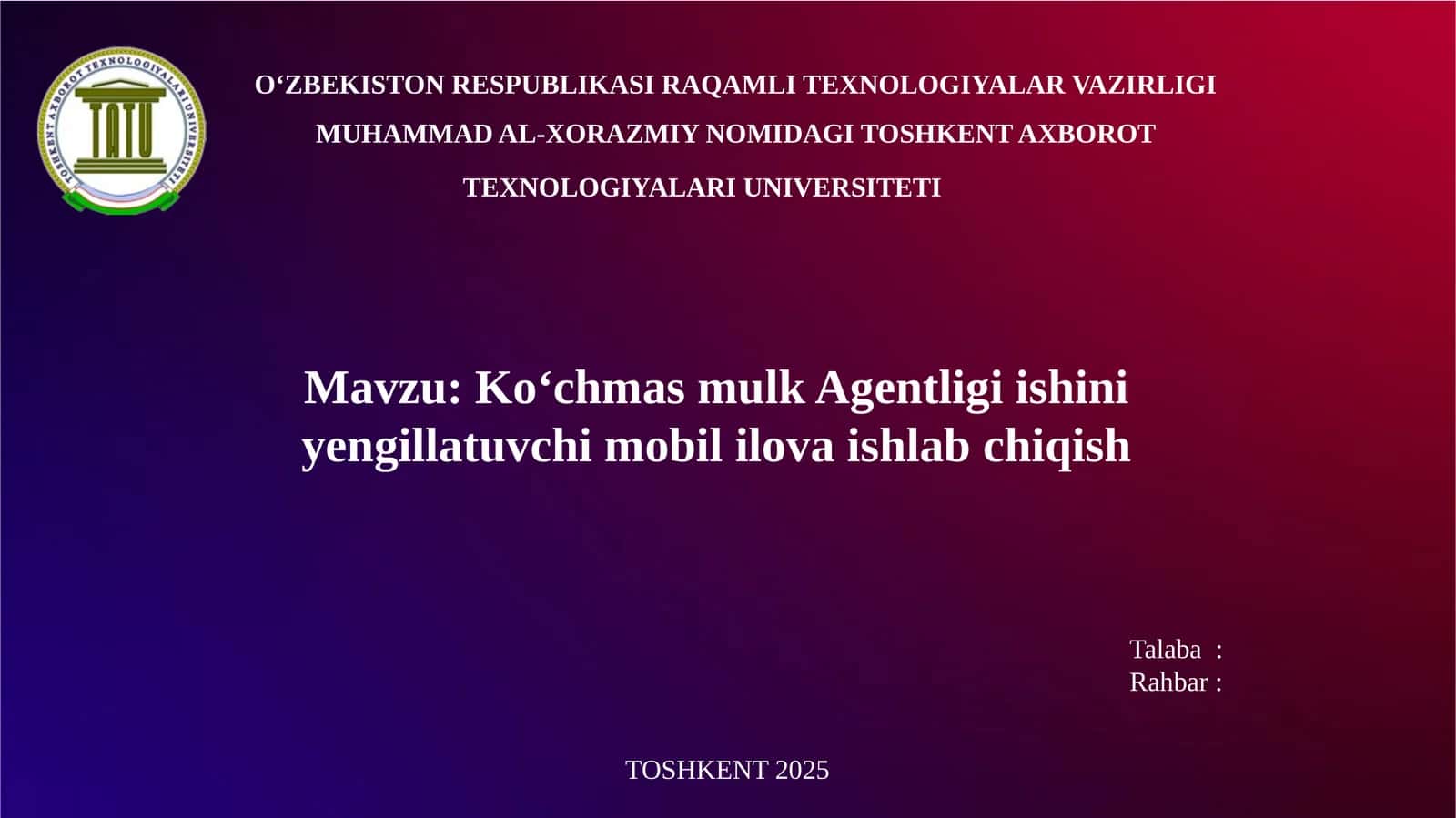 Ko‘chmas mulk Agentligi ishini yengillatuvchi mobil ilova ishlab chiqish taqdimoti