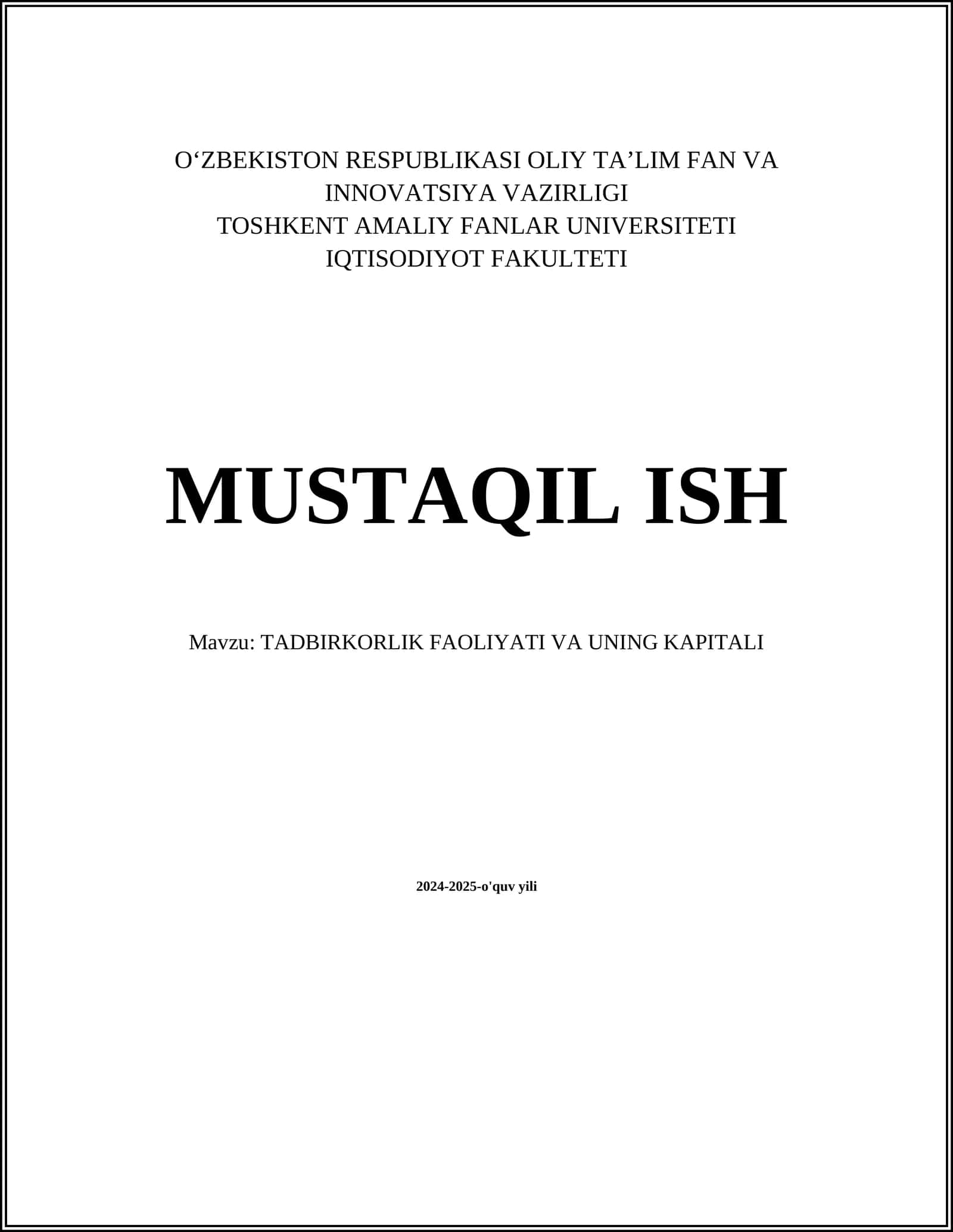 TADBIRKORLIK FAOLIYATI VA UNING KAPITALI