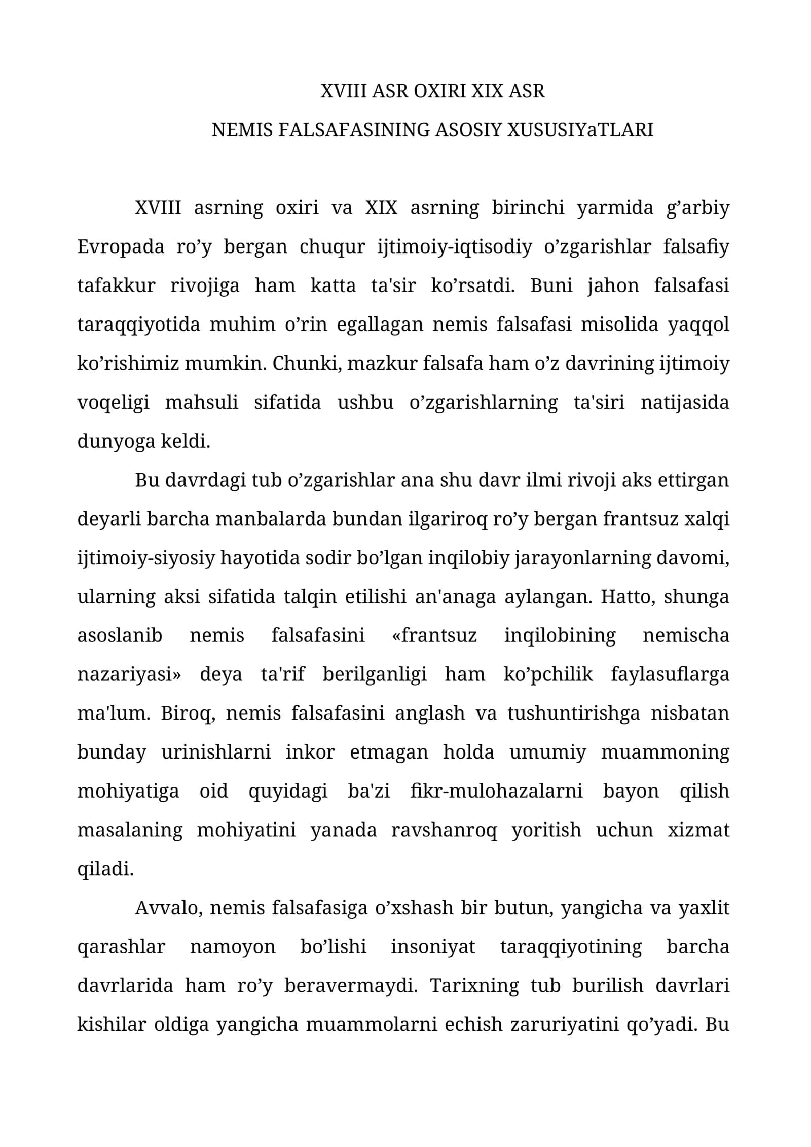 XVIII ASR OXIRI XIX ASR NЕMIS FALSAFASINING ASOSIY XUSUSIYaTLARI