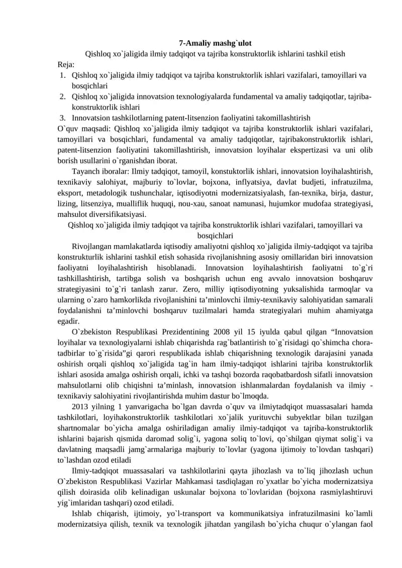 Qishloq xo`jaligida ilmiy tadqiqot va tajriba konstruktorlik ishlarini tashkil etish