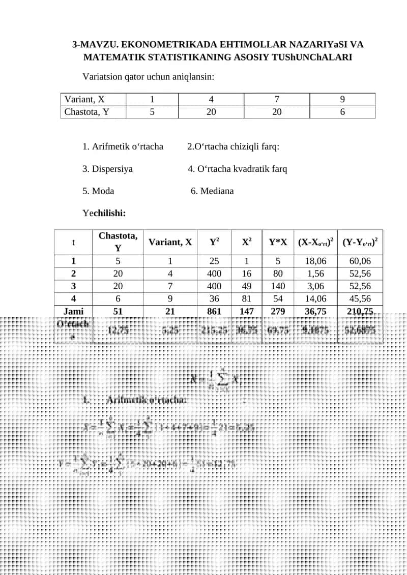 EKONOMETRIKADA EHTIMOLLAR NAZARIYASI VA MATEMATIK STATISTIKA