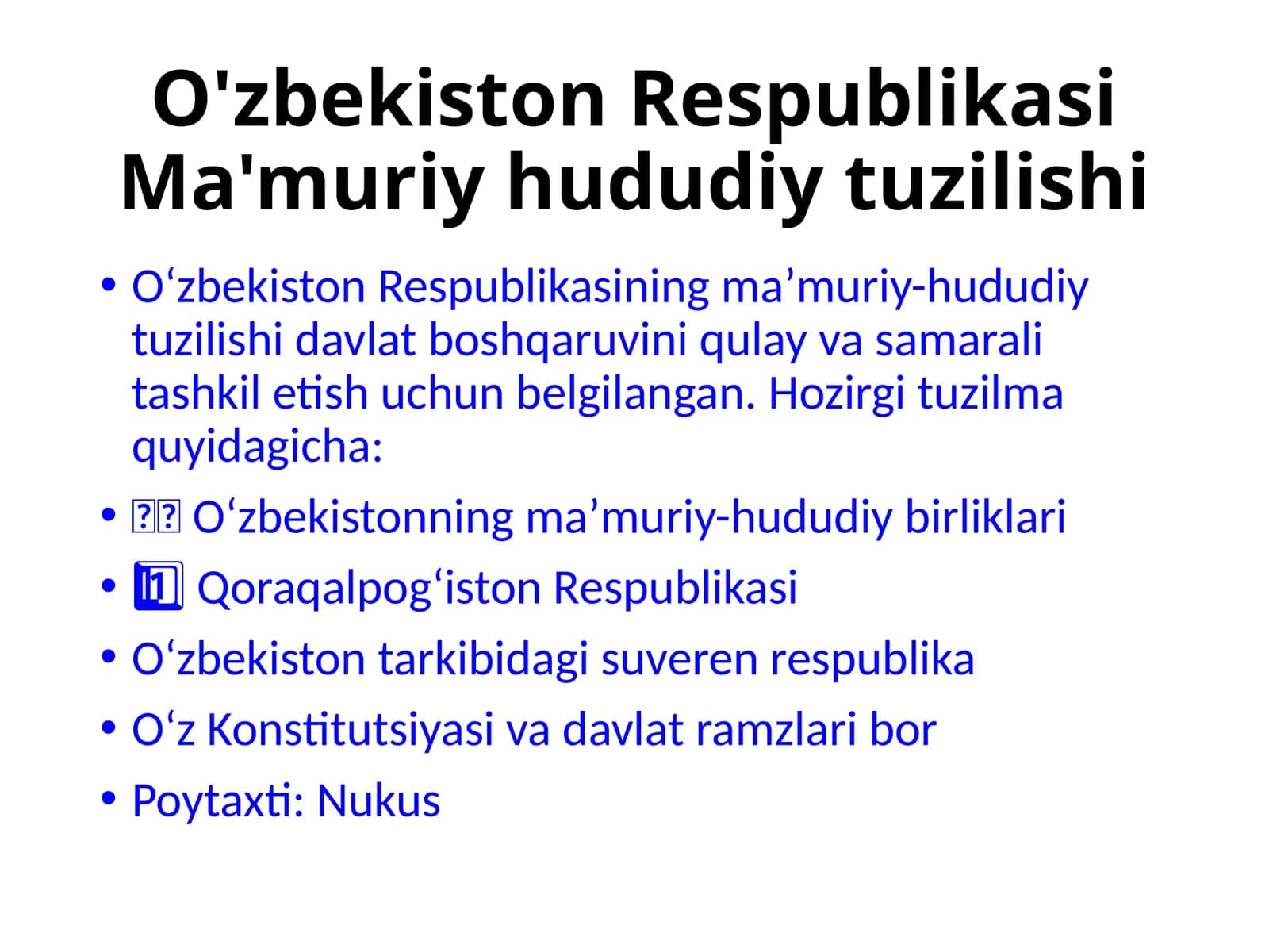 O'zbekiston Respublikasi Ma'muriy Hududiy Tuzilishi