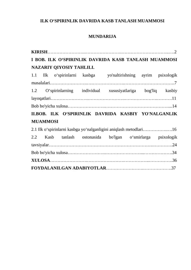 ILK OʻSPIRINLIK DAVRIDA KASB TANLASH MUAMMOSI