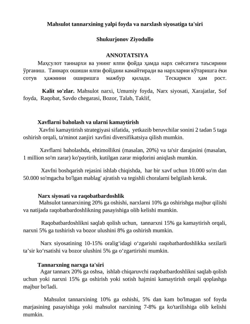 Mahsulot tannarxining yalpi foyda va narxlash siyosatiga ta'siri