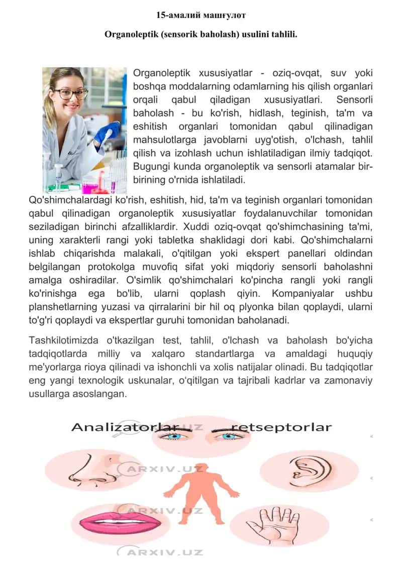 Organoleptik (sensorik baholash) usulini tahlili