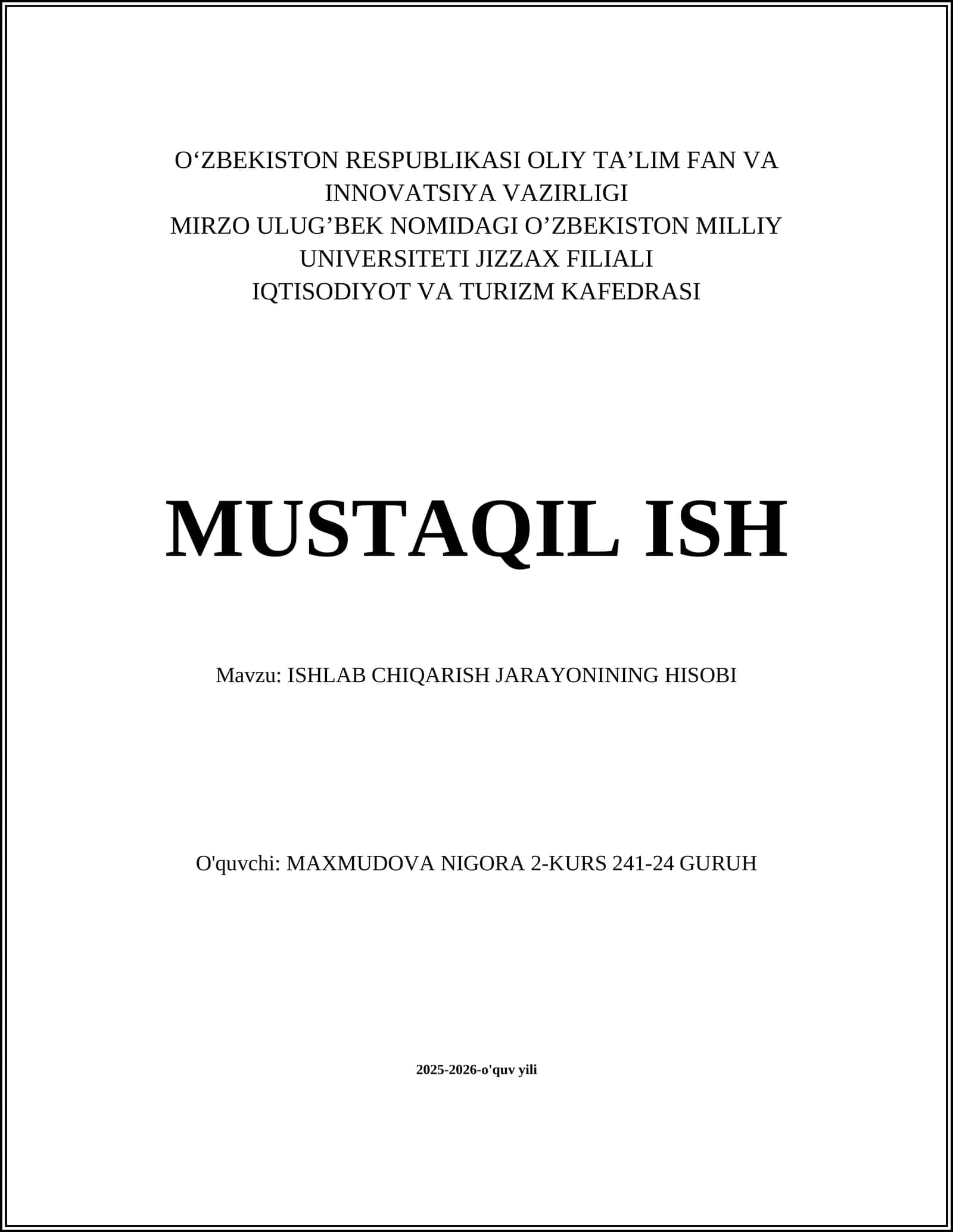 Ishlab Chiqarish Jarayonining Hisobi