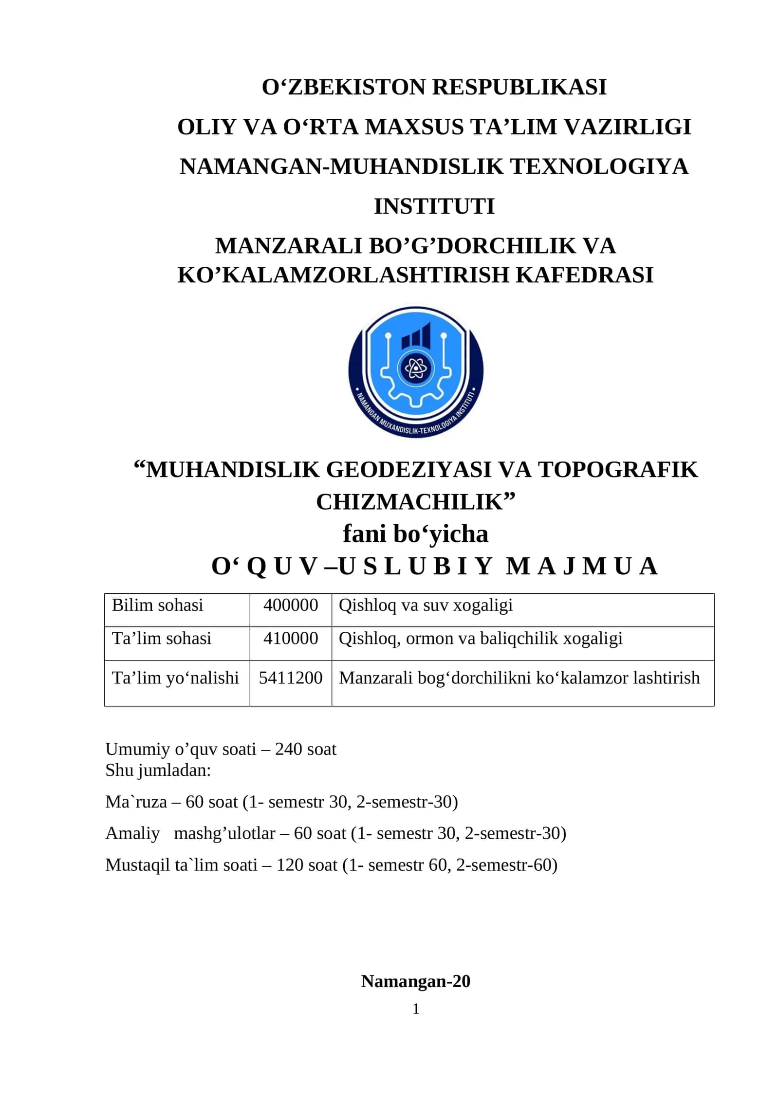 MUHANDISLIK GEODEZIYASI VA TOPOGRAFIK CHIZMACHILIK