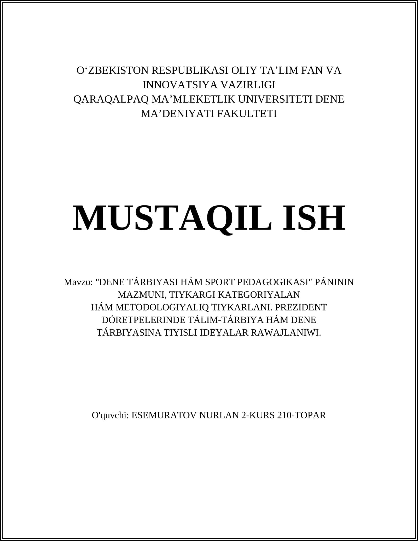 DENE TÁRBIYASI HÁM SPORT PEDAGOGIKASI