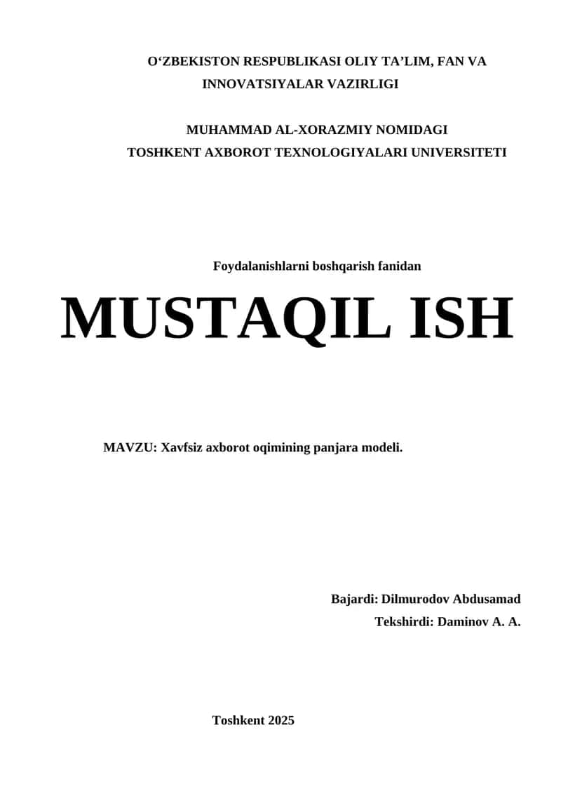 Xavfsiz axborot oqimining panjara modeli.