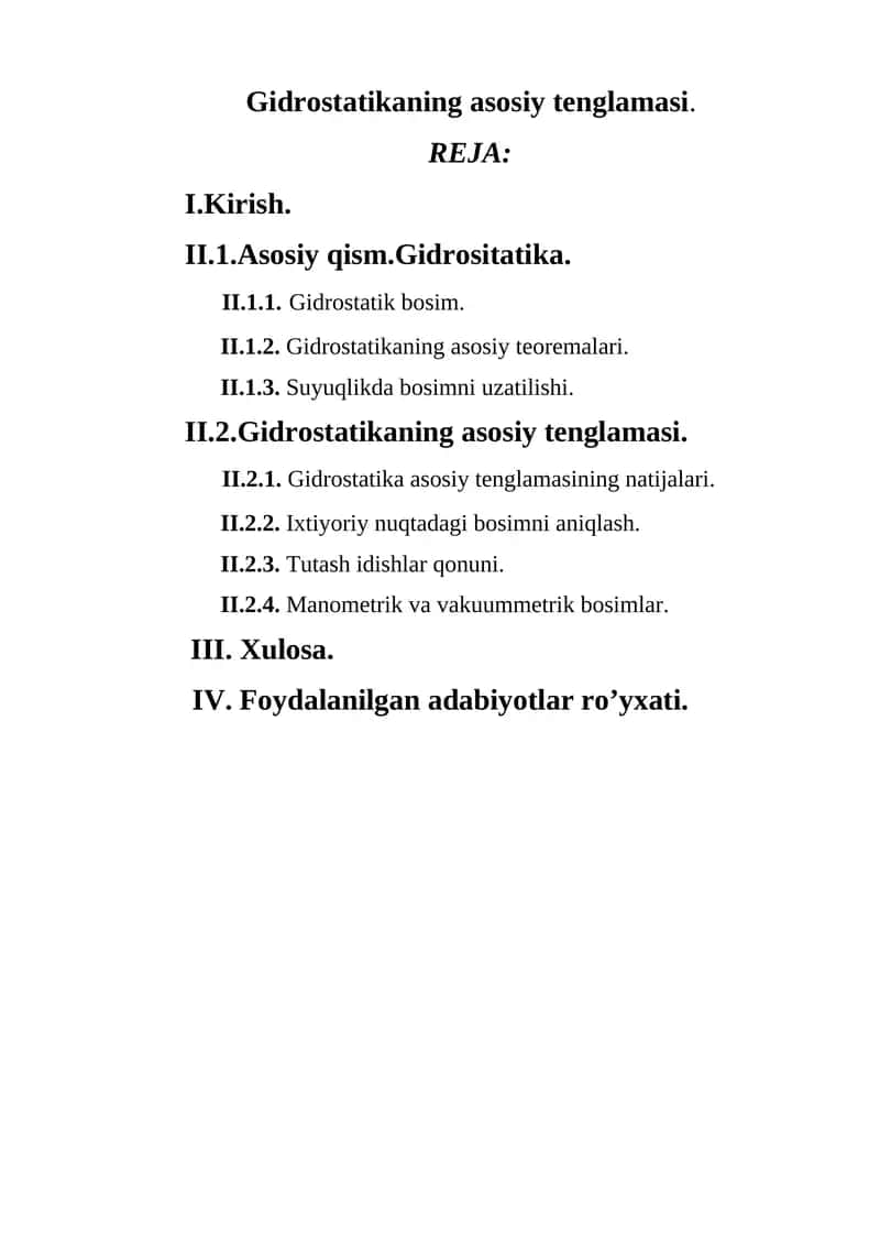 Gidrostatikaning asosiy tenglamasi