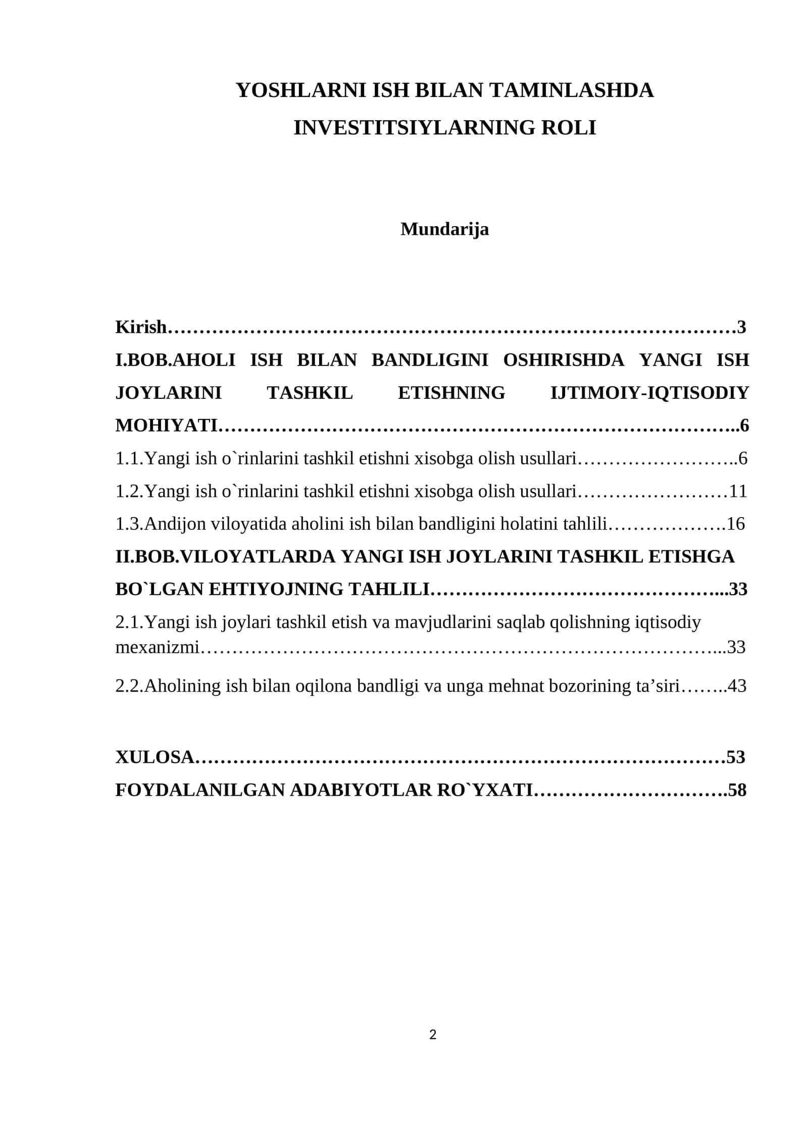 YOSHLARNI ISH BILAN TAMINLASHDA INVESTITSIYLARNING ROLI