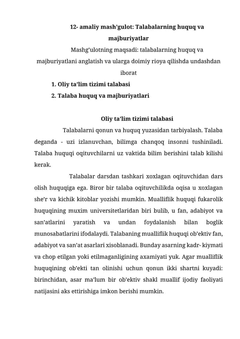 Mash’gulot: Talabalarning huquq va majburiyatlar