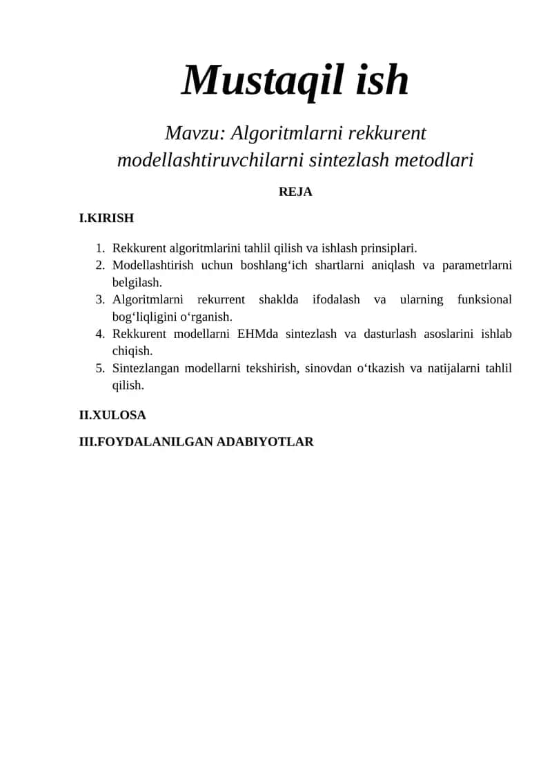 Algoritmlarni rekkurent modellashtiruvchilarni sintezlash metodlari