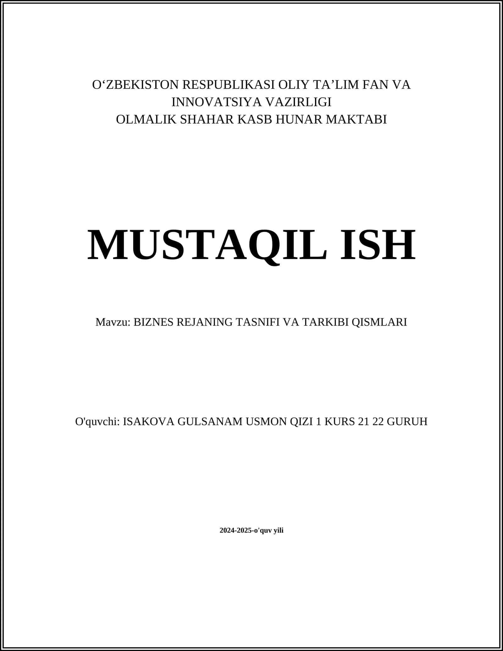 BIZNES REJANING TASNIFI VA TARKIBI QISMLARI