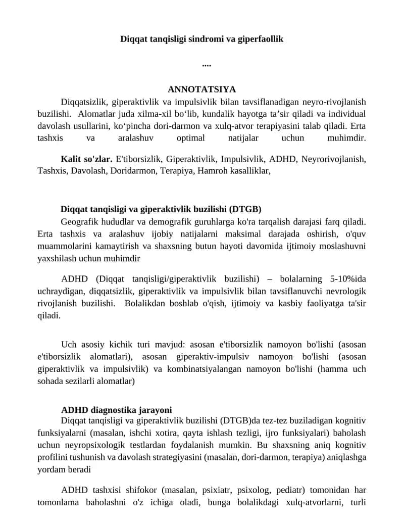Diqqat tanqisligi va giperaktivlik buzilishi (DTGB)