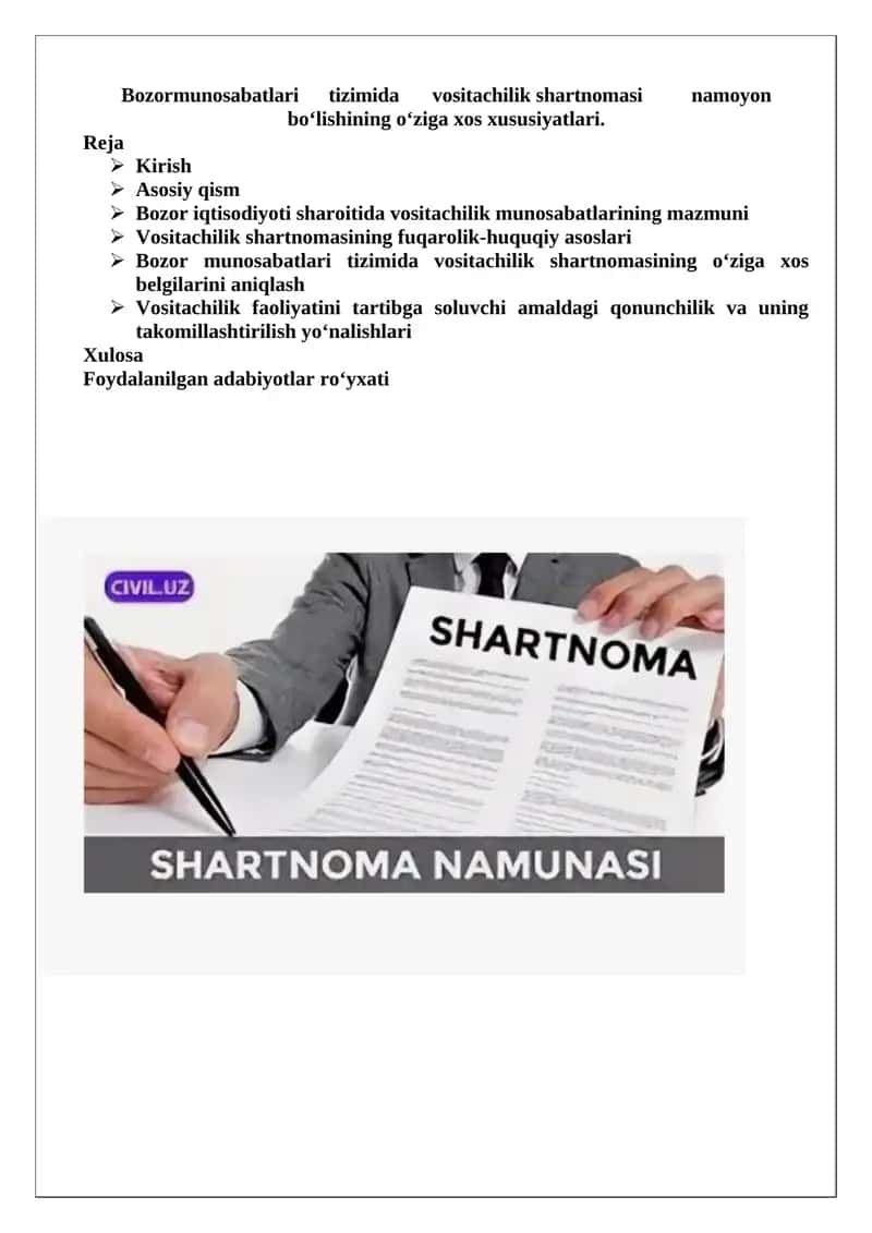 Bozor iqtisodiyoti sharoitida vositachilik shartnomasi