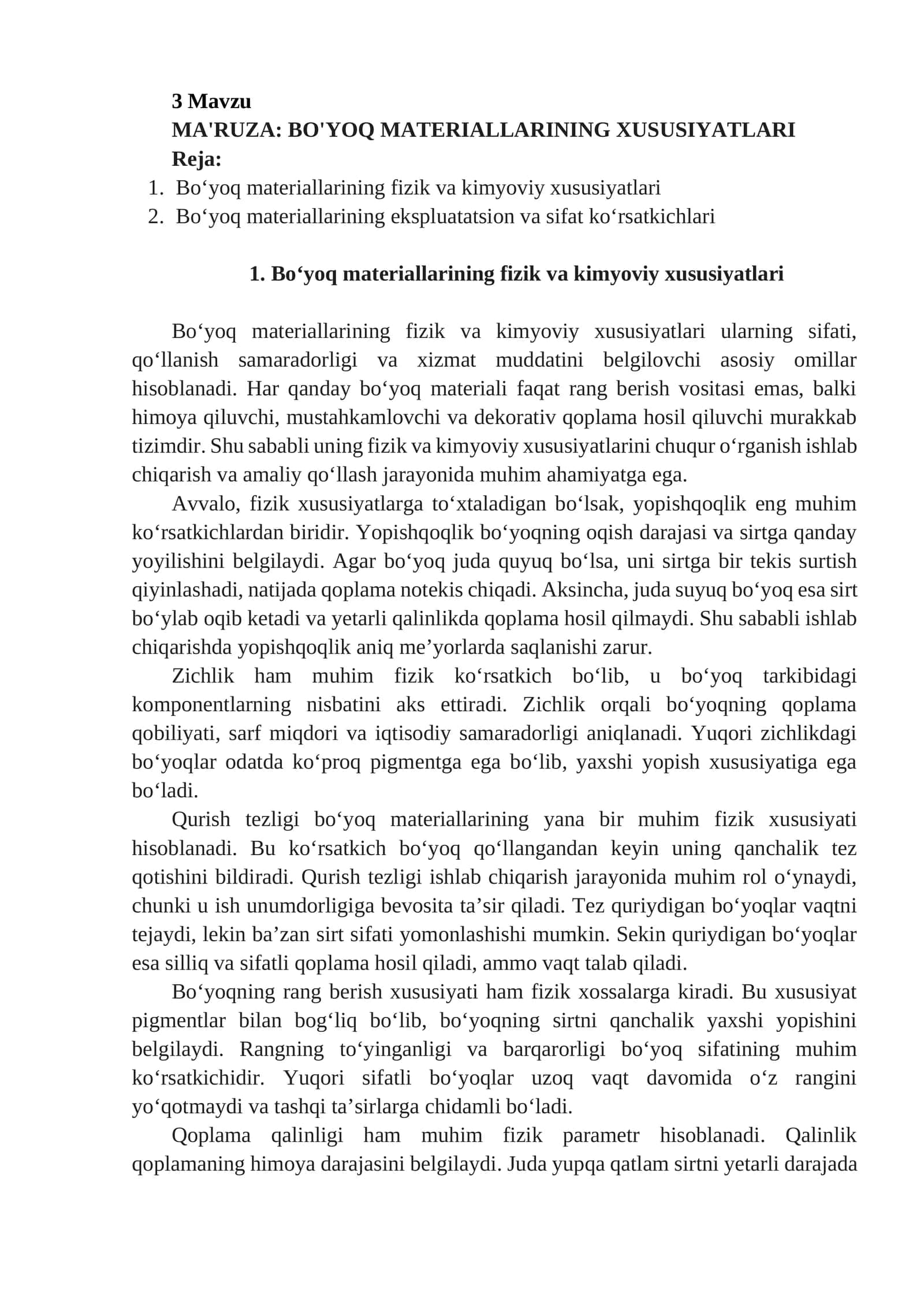 MA'RUZA: BO'YOQ MATERIALLARINING XUSUSIYATLARI