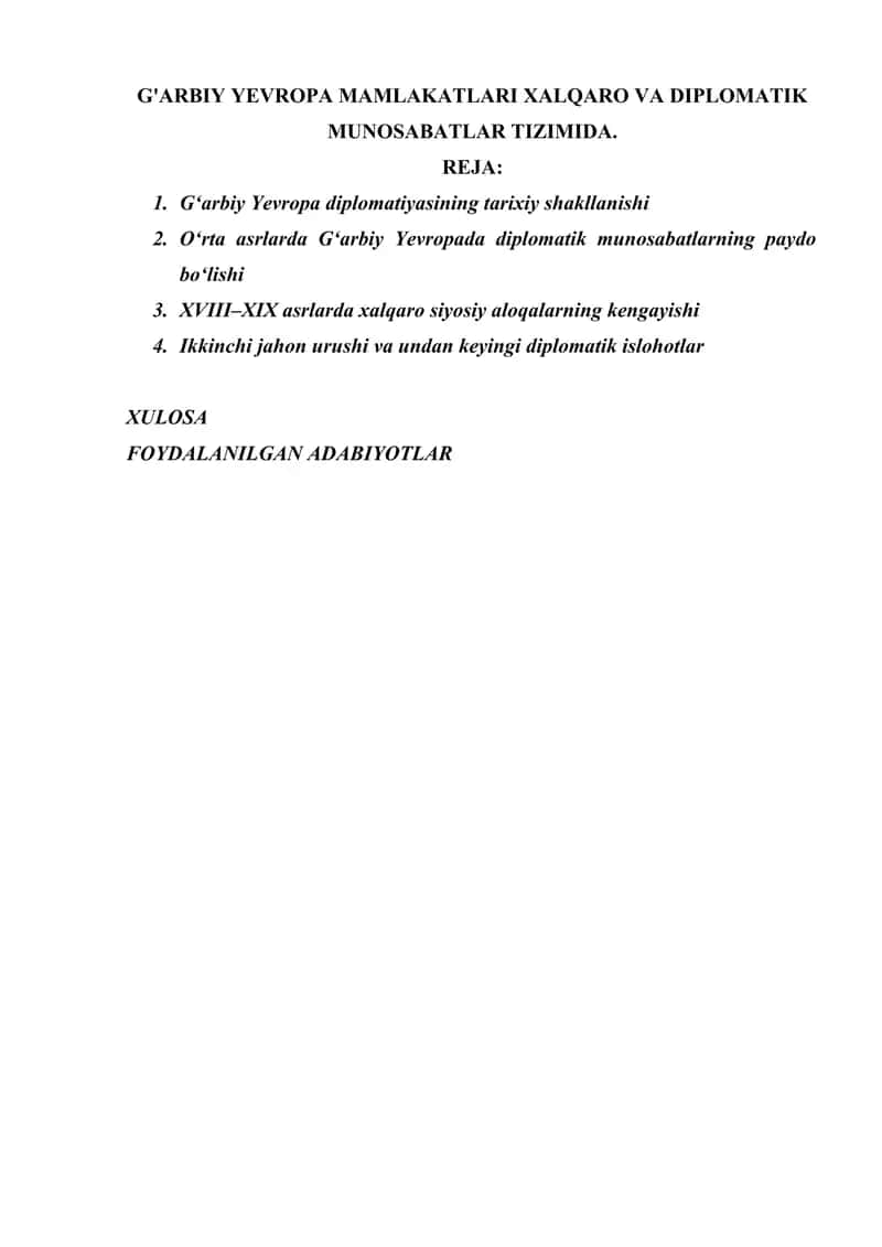 G'ARBIY YEVROPA MAMLAKATLARI XALQARO VA DIPLOMATIK MUNOSABATLAR TIZIMIDA.