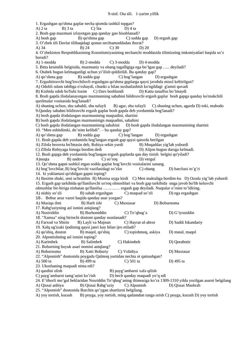 9-sinf. Ota tili. 1-yarim yillik
