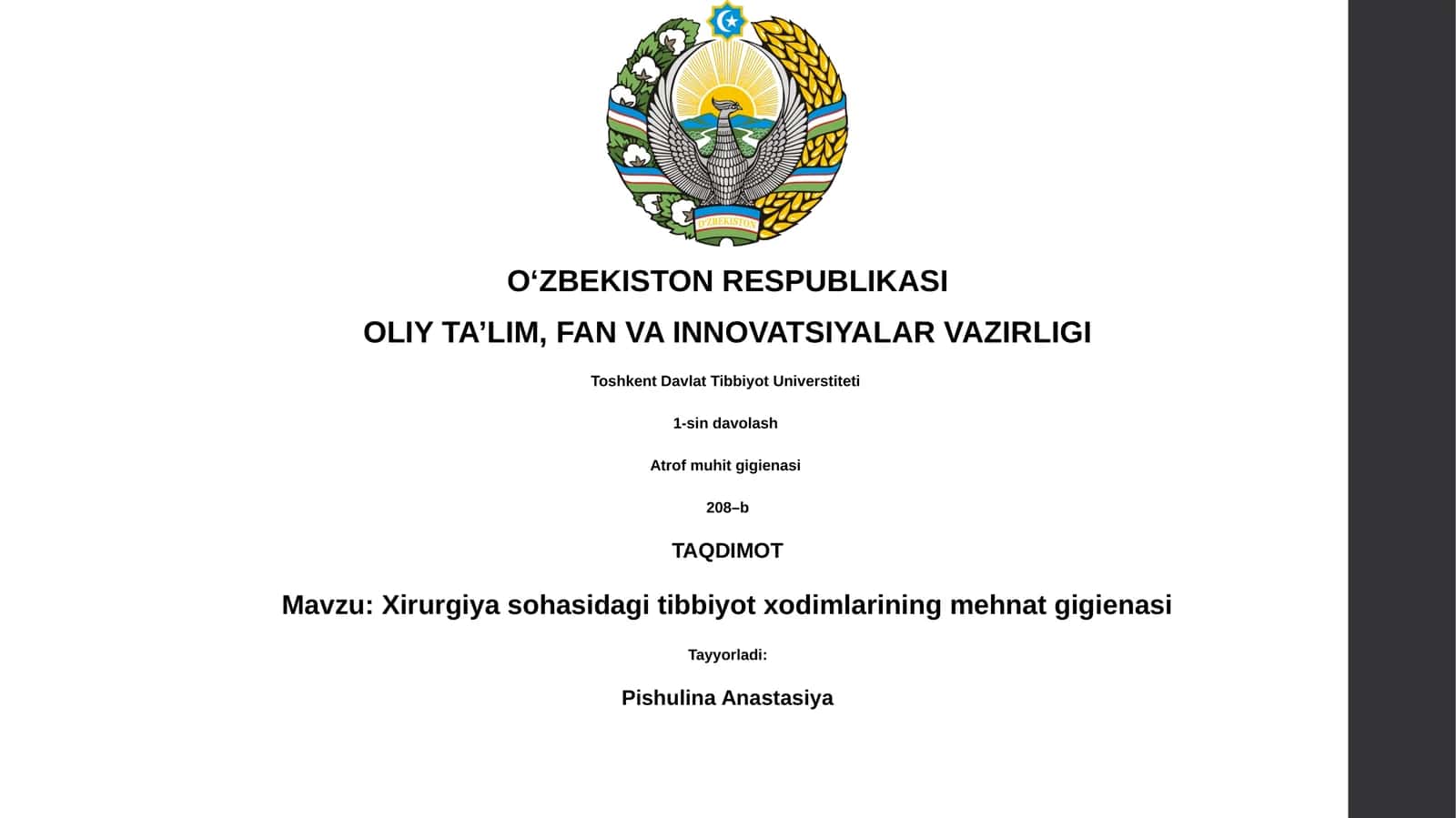 Xirurgiya sohasidagi tibbiyot xodimlarining mehnat gigienasi
