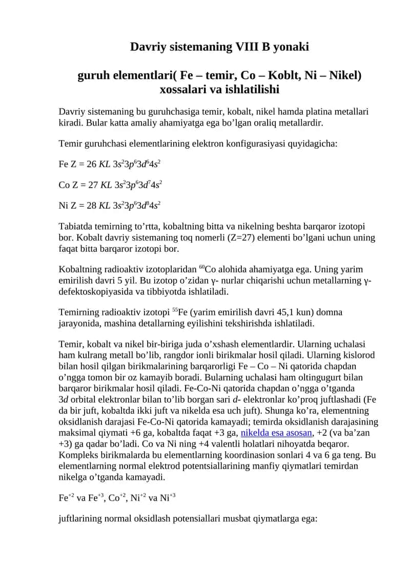 Davriy sistemaning VIII B yonaki guruhеlеmеntlаri