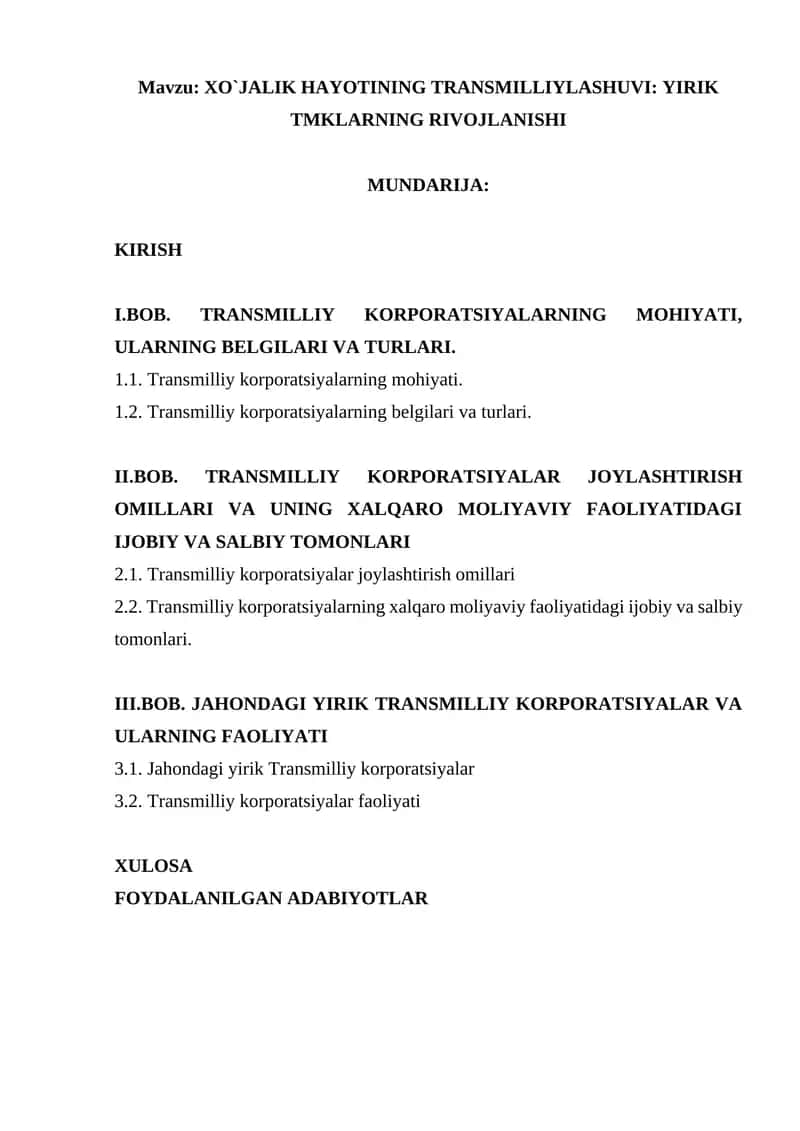 XO`JALIK HAYOTINING TRANSMILLIYLASHUVI: YIRIK TMKLARNING RIVOJLANISHI