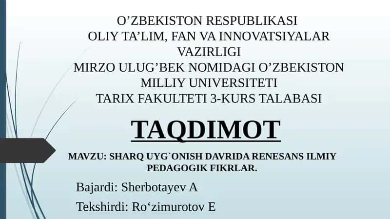 SHARQ UYG`ONISH DAVRIDA RENESANS ILMIY PEDAGOGIK FIKRLAR