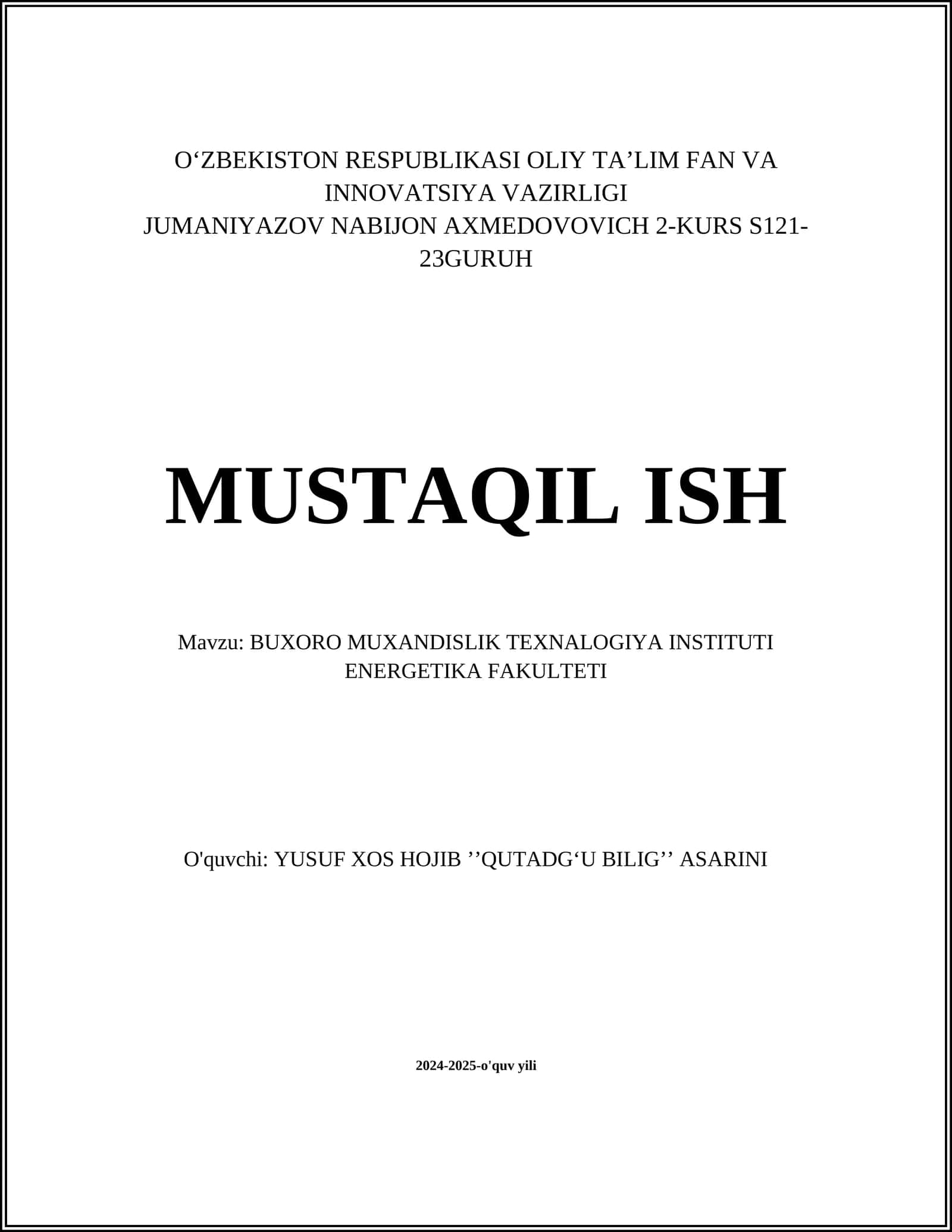 BUXORO MUXANDISLIK TEXNALOGIYA INSTITUTI ENERGETIKA FAKULTETI