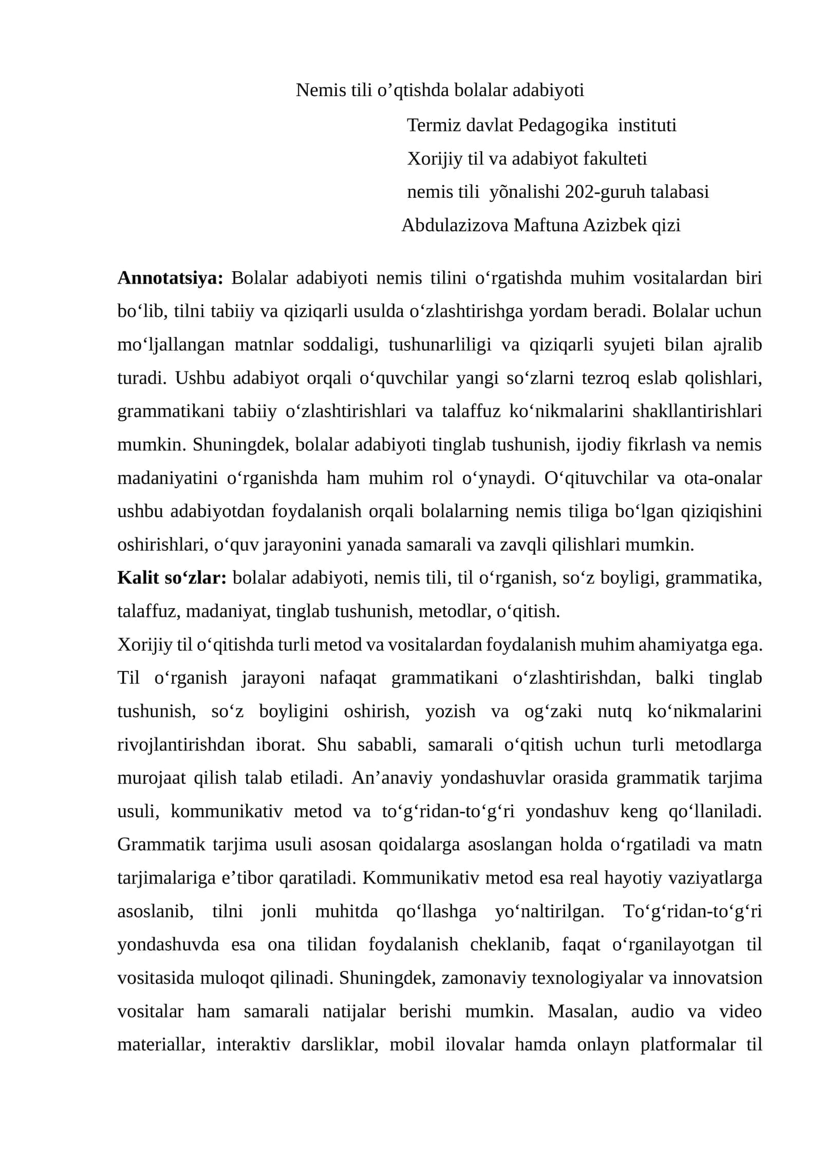 Bolalar adabiyoti nemis tilini o‘rgatish
