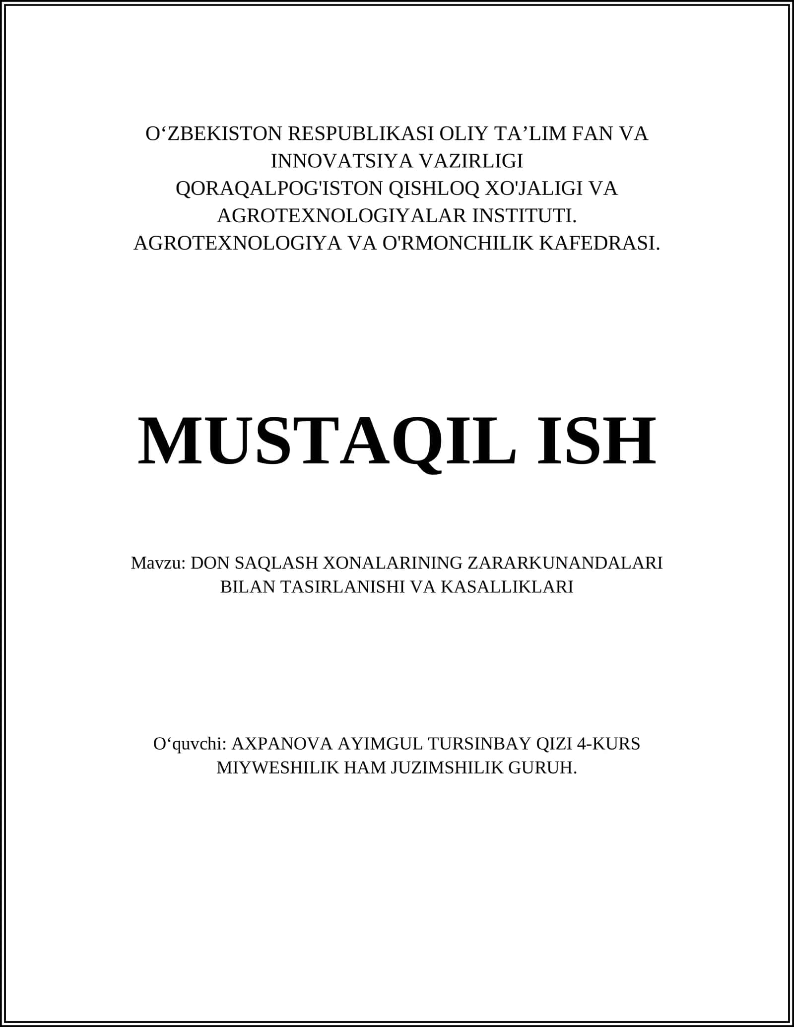 DON SAQLASH XONALARINING ZARARKUNANDALARI BILAN TASIRLANISHI VA KASALLIKLARI