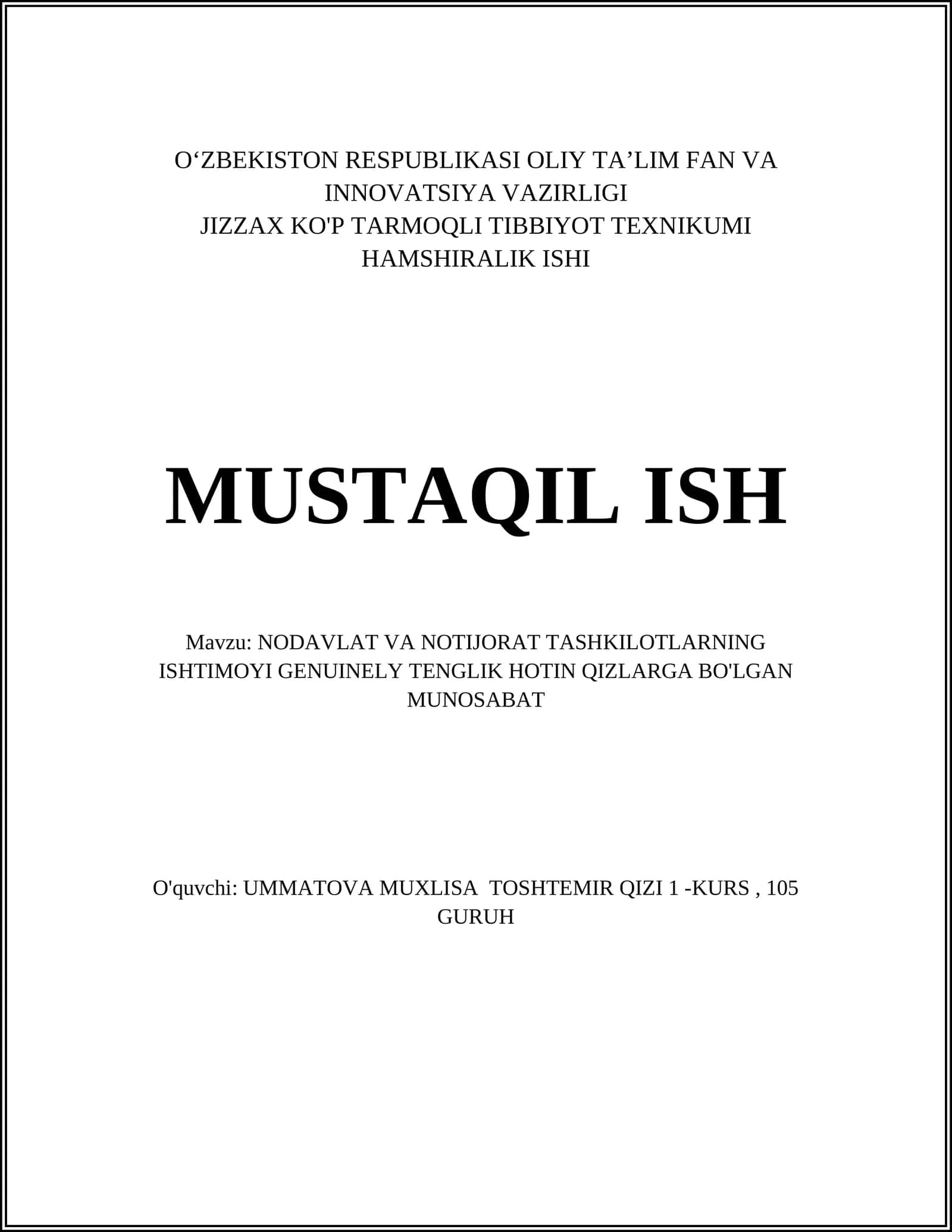 NODAVLAT VA NOTIJORAT TASHKILOTLARNING ISHTIMOYI GENUINELY TENGLIK HOTIN QIZLARGA BO'LGAN MUNOSABAT