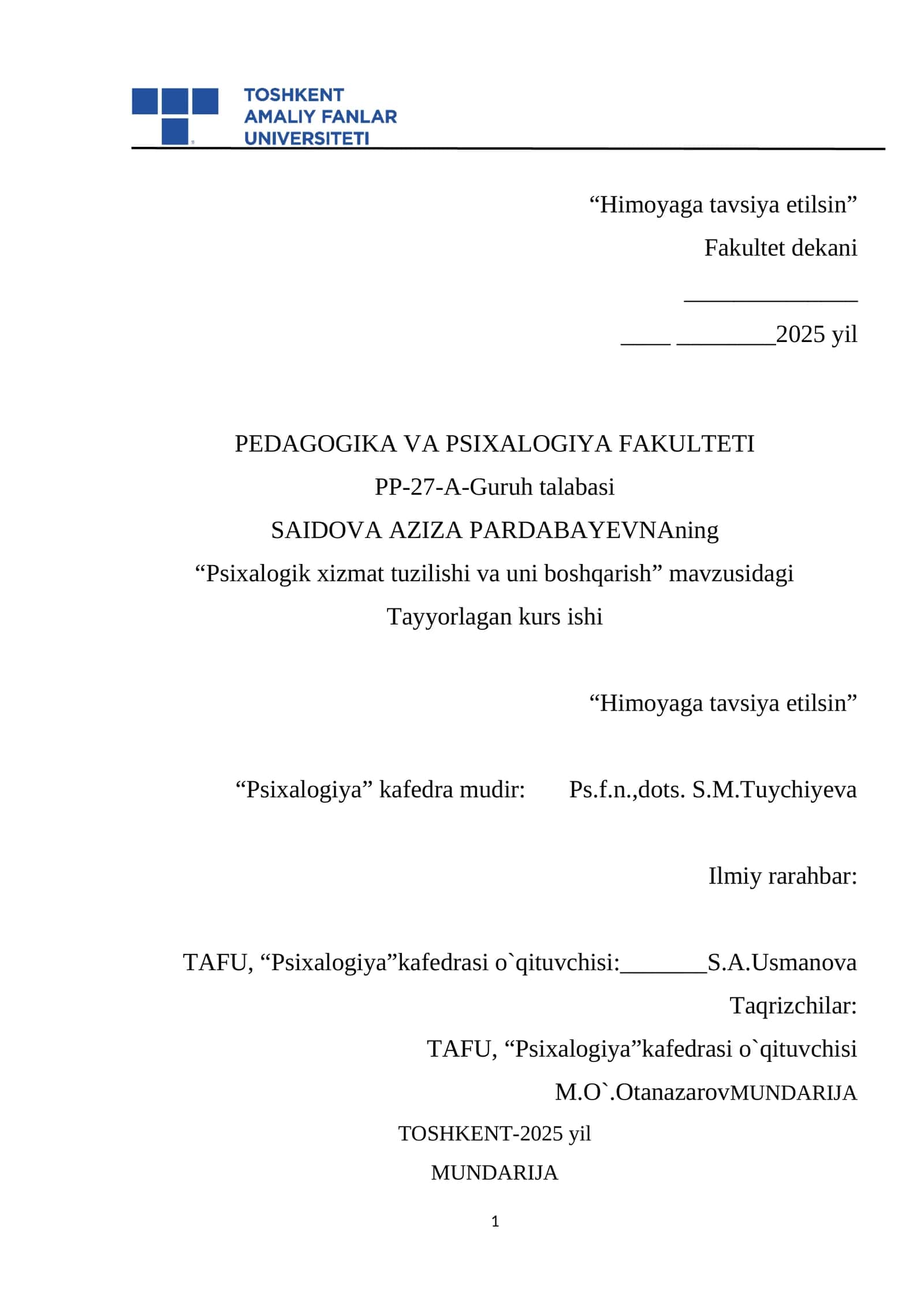 Psixalogik xizmat tuzilishi va uni boshqarish