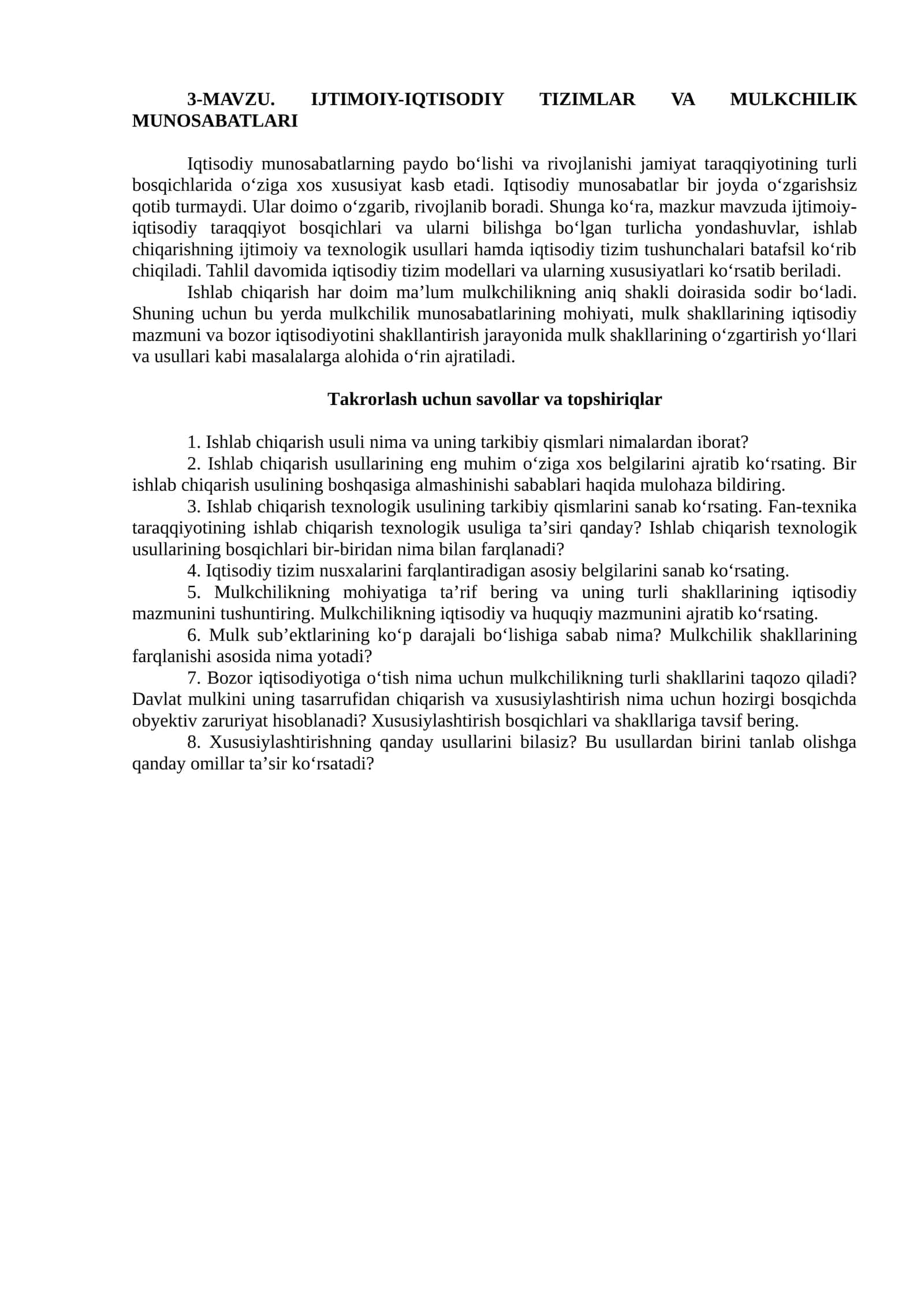 IJTIMOIY-IQTISODIY TIZIMLAR VA MULKCHILIK MUNOSABATLARI