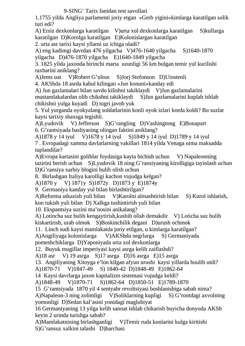 9-SING’ Tаriх fаnidаn tеst sаvоllаri