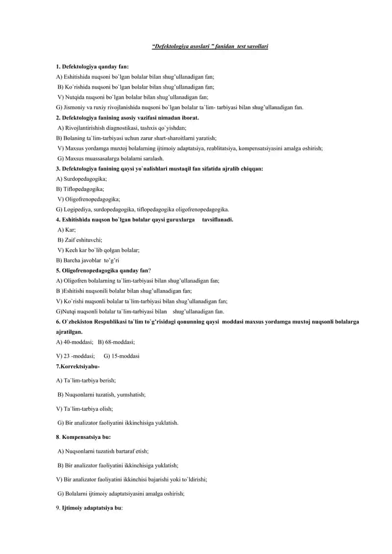 Defektologiya asoslari fanidan test savollari