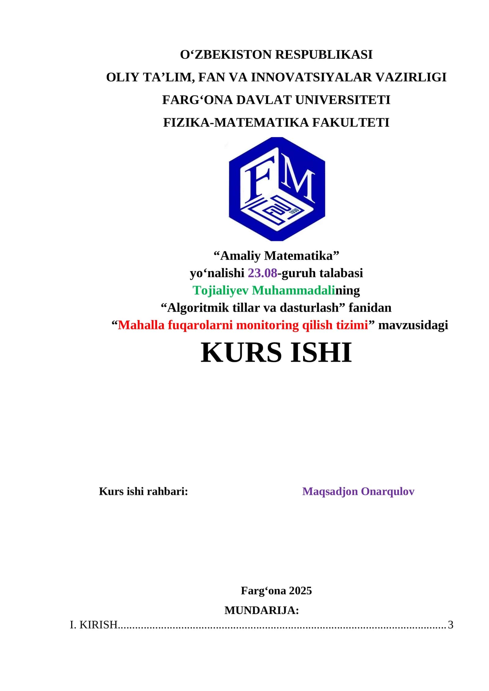 “Mahalla fuqarolarni monitoring qilish tizimi” mavzusidagi kurs ishi